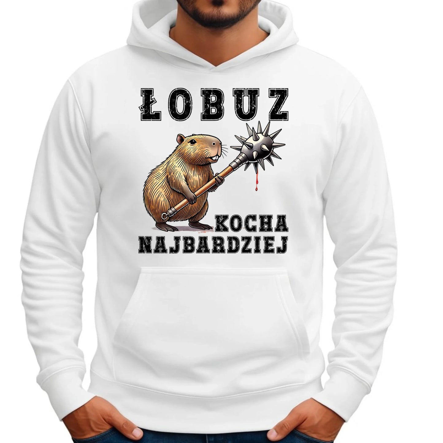Bluza męska z kapturem - prezent dla chłopaka - Łobuz kapibara z maczugą DCH17 - StoryCups.pl