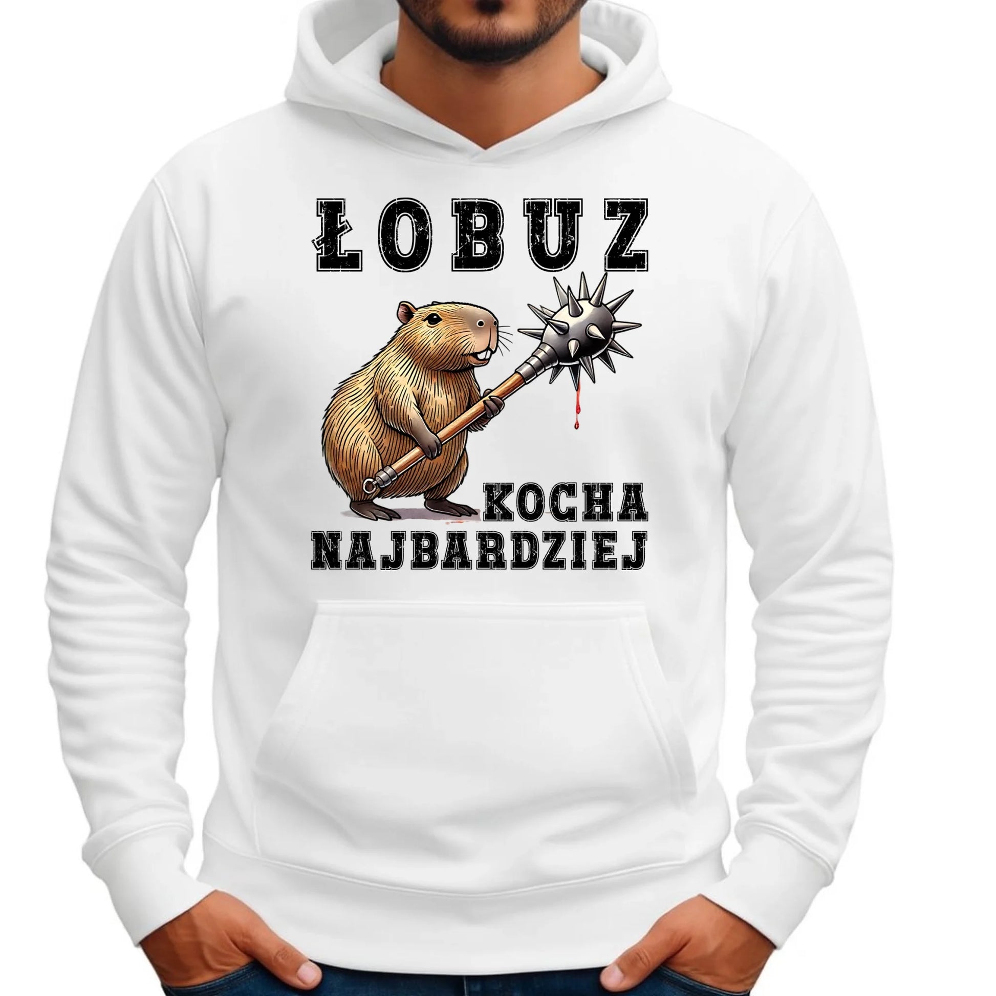 Bluza męska z kapturem - prezent dla chłopaka - Łobuz kapibara z maczugą DCH17 - StoryCups.pl