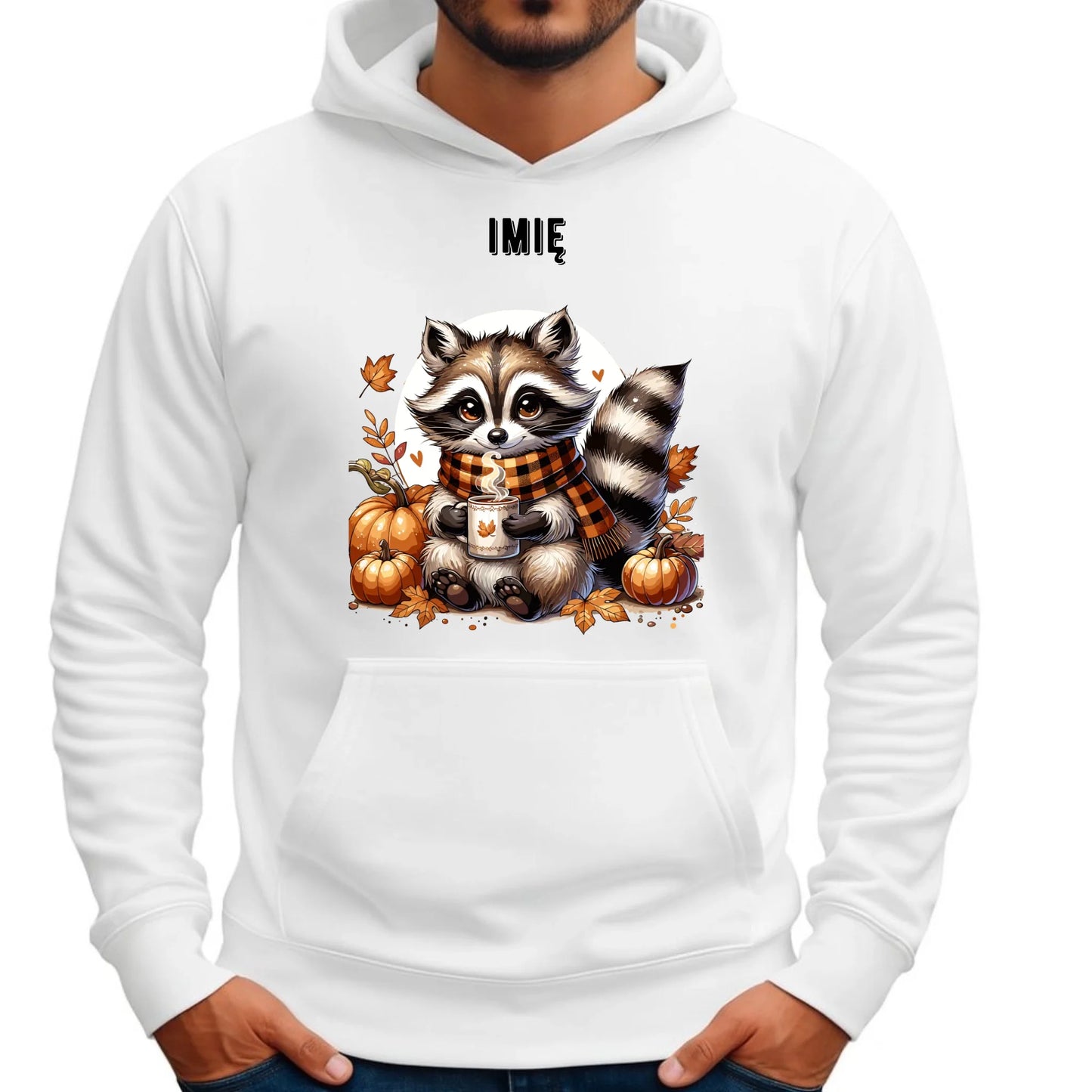 Bluza męska z kapturem jesienna – Szop z kawą i dyniami - personalizowana JS16 - StoryCups.pl