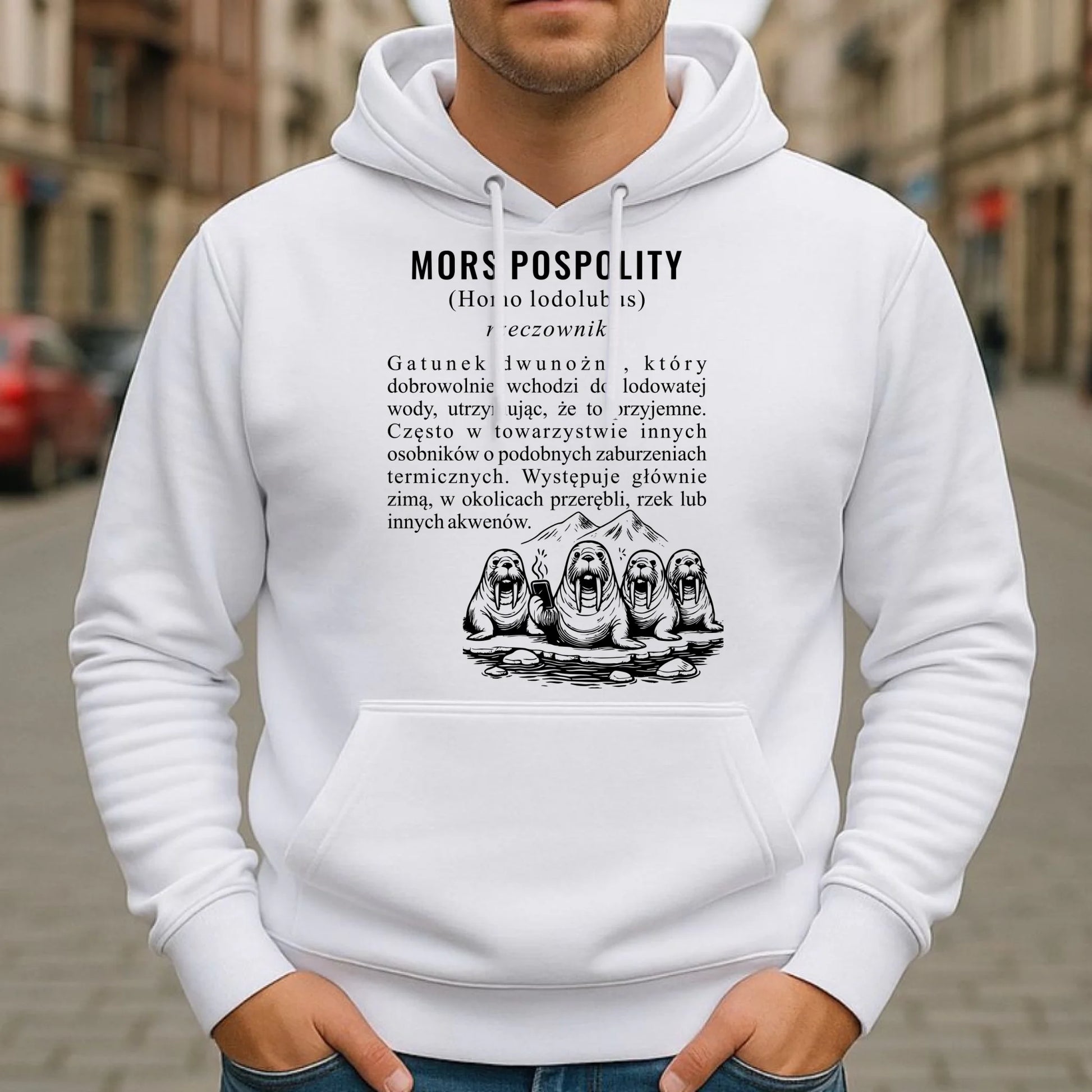 Bluza męska z kapturem - prezent dla morsa - Mors pospolity [Homo lodolubus] HM12 - StoryCups.pl