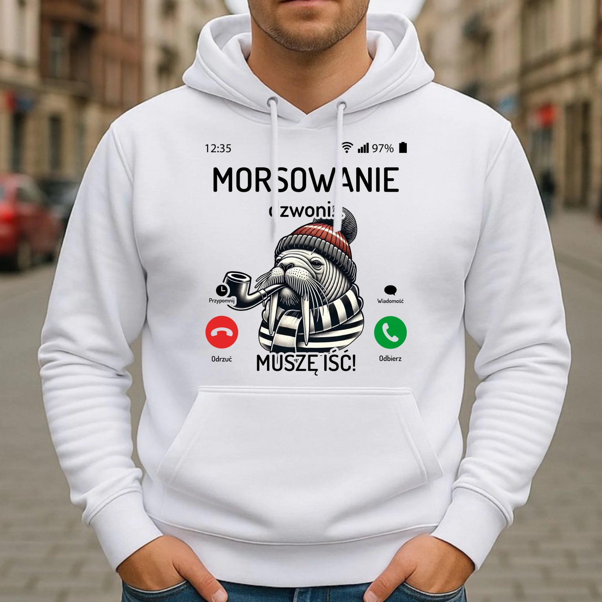 Bluza męska z kapturem - prezent dla morsa - Morsowanie dzwoni muszę iść - Mors HM19 - StoryCups.pl