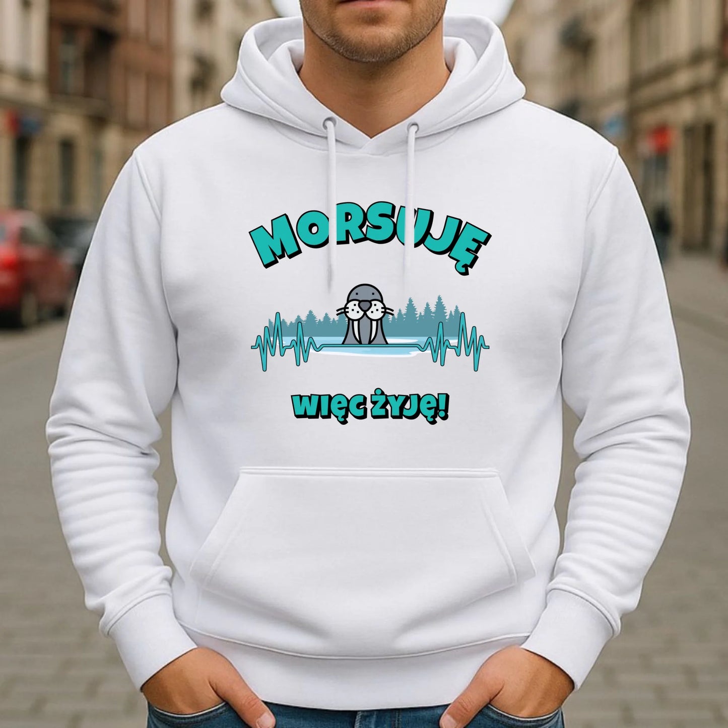 Bluza męska z kapturem - prezent dla morsa - Morsuję więc żyję - Mors HM02 - StoryCups.pl