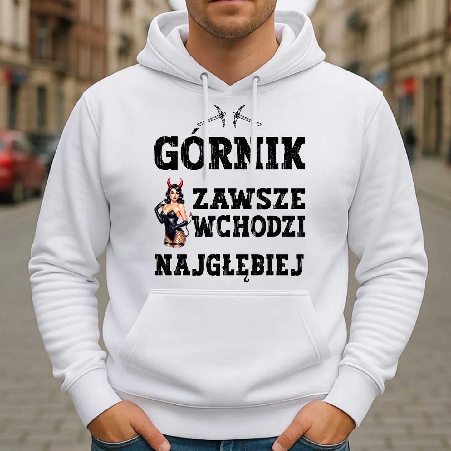 Bluza męska z kapturem - prezent dla górnika - Górnik zawsze wchodzi najgłębiej G22 - StoryCups.pl