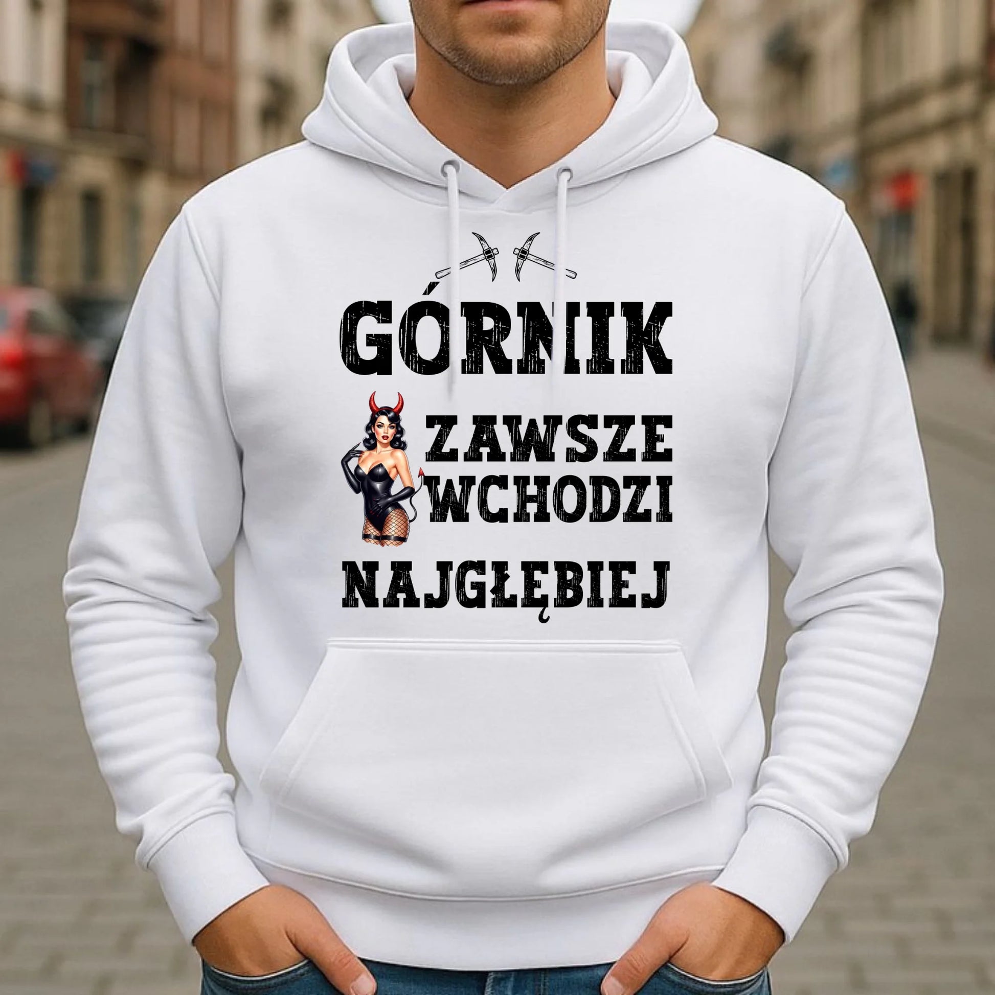 Bluza męska z kapturem - prezent dla górnika - Górnik zawsze wchodzi najgłębiej G22 - StoryCups.pl