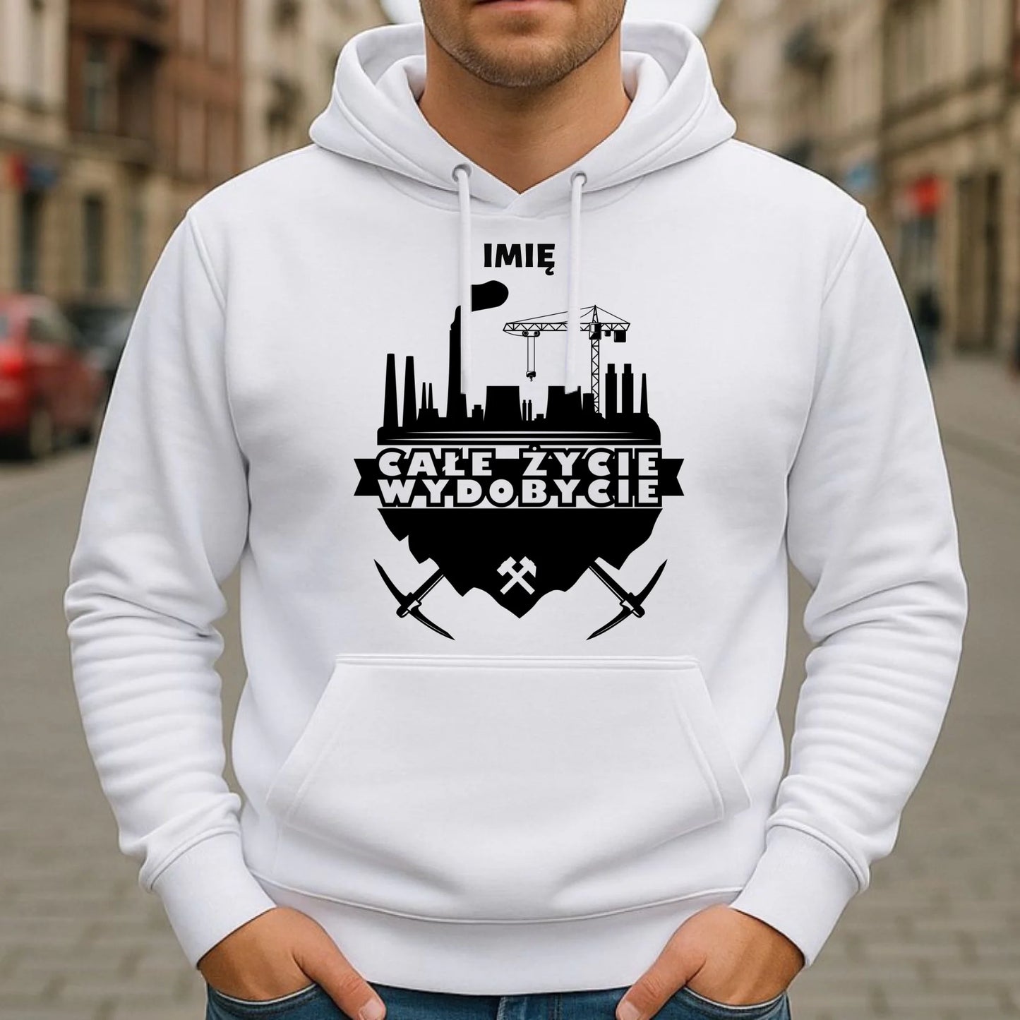 Bluza męska z kapturem - prezent dla górnika - Całe życie wydobycie - personalizowana G09 - StoryCups.pl