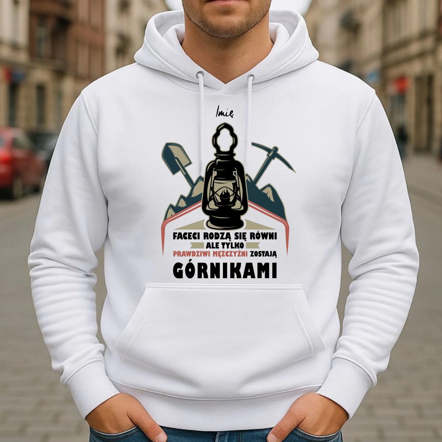 Bluza męska z kapturem - prezent dla górnika - Prawdziwi mężczyźni zostają górnikami - personalizowana G08 - StoryCups.pl