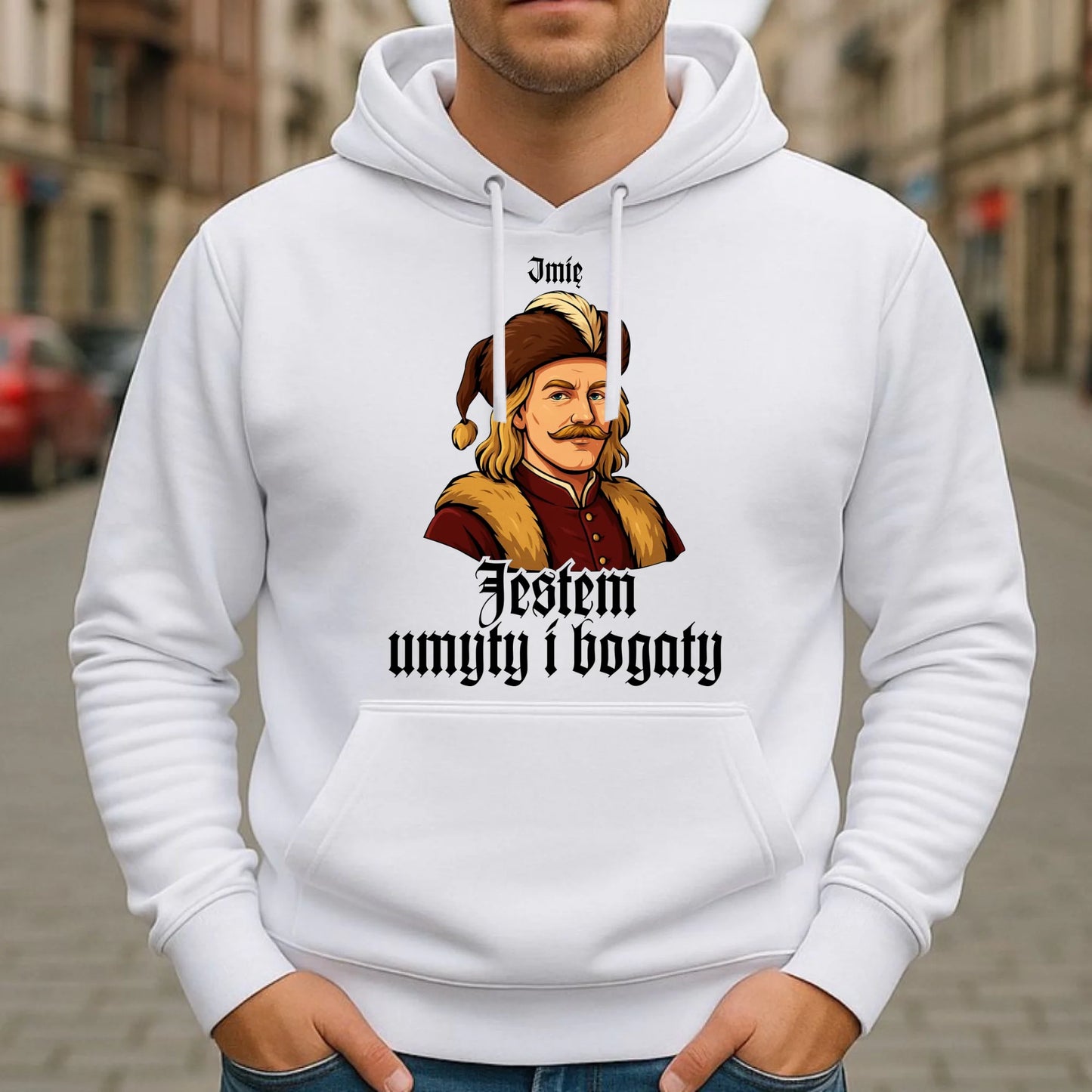 Bluza męska z kapturem - Jestem umyty i bogaty - dla fanów serialu 1670 - personalizowana H60 - StoryCups.pl