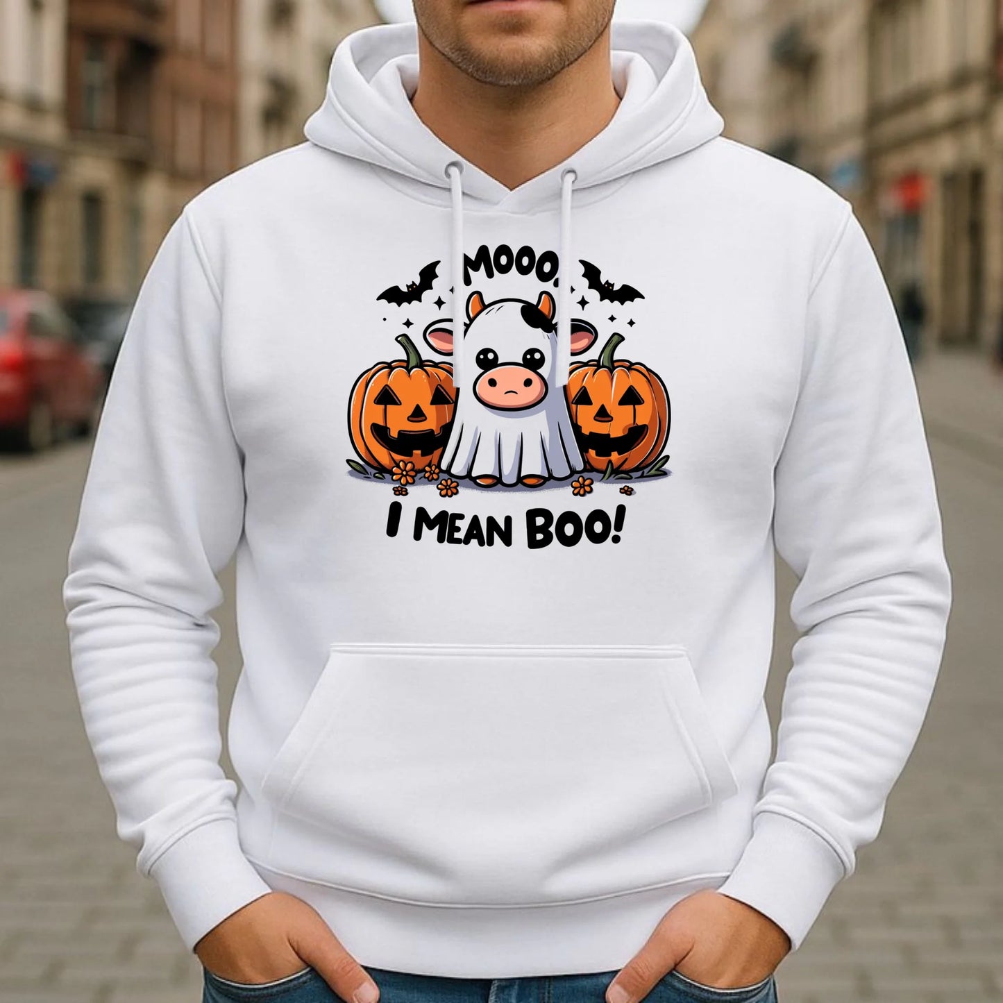Bluza męska z kapturem na Halloween - Mooo I mean Boo! - z dynią i duchem HL14 - StoryCups.pl