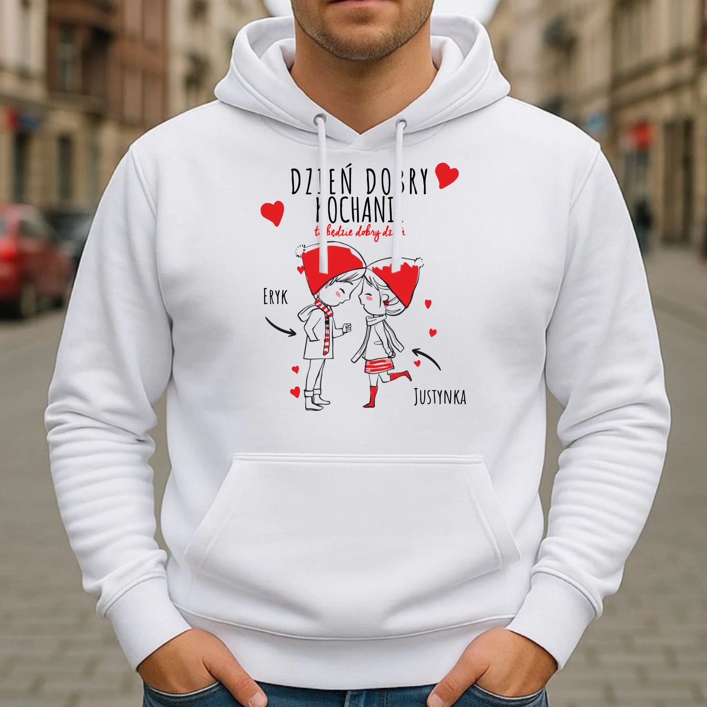 Bluza męska z kapturem dla par - prezent na Walentynki - Dzień dobry Kochanie - personalizowana W10 - StoryCups.pl