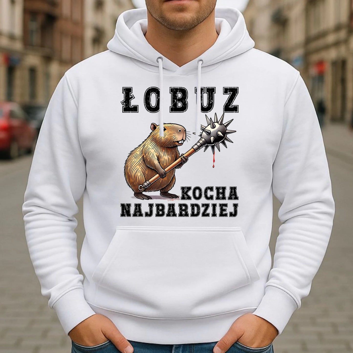 Bluza męska z kapturem - prezent dla chłopaka - Łobuz kapibara z maczugą DCH17 - StoryCups.pl