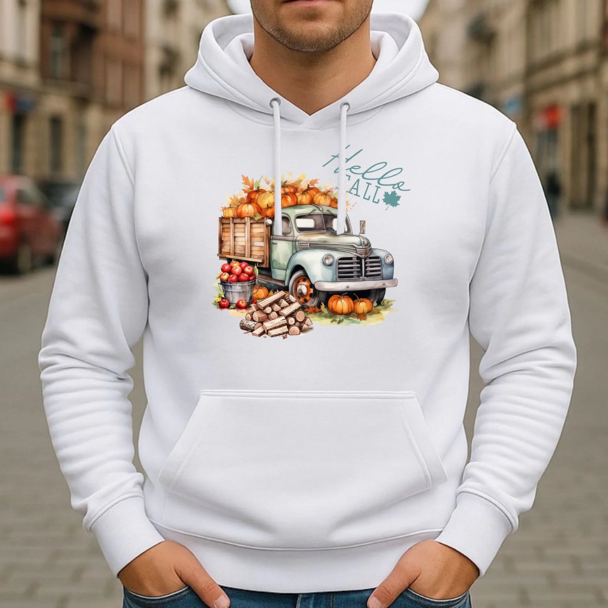 Bluza męska z kapturem jesienna – Hello Fall ciężarówka z dyniami JS08 - StoryCups.pl