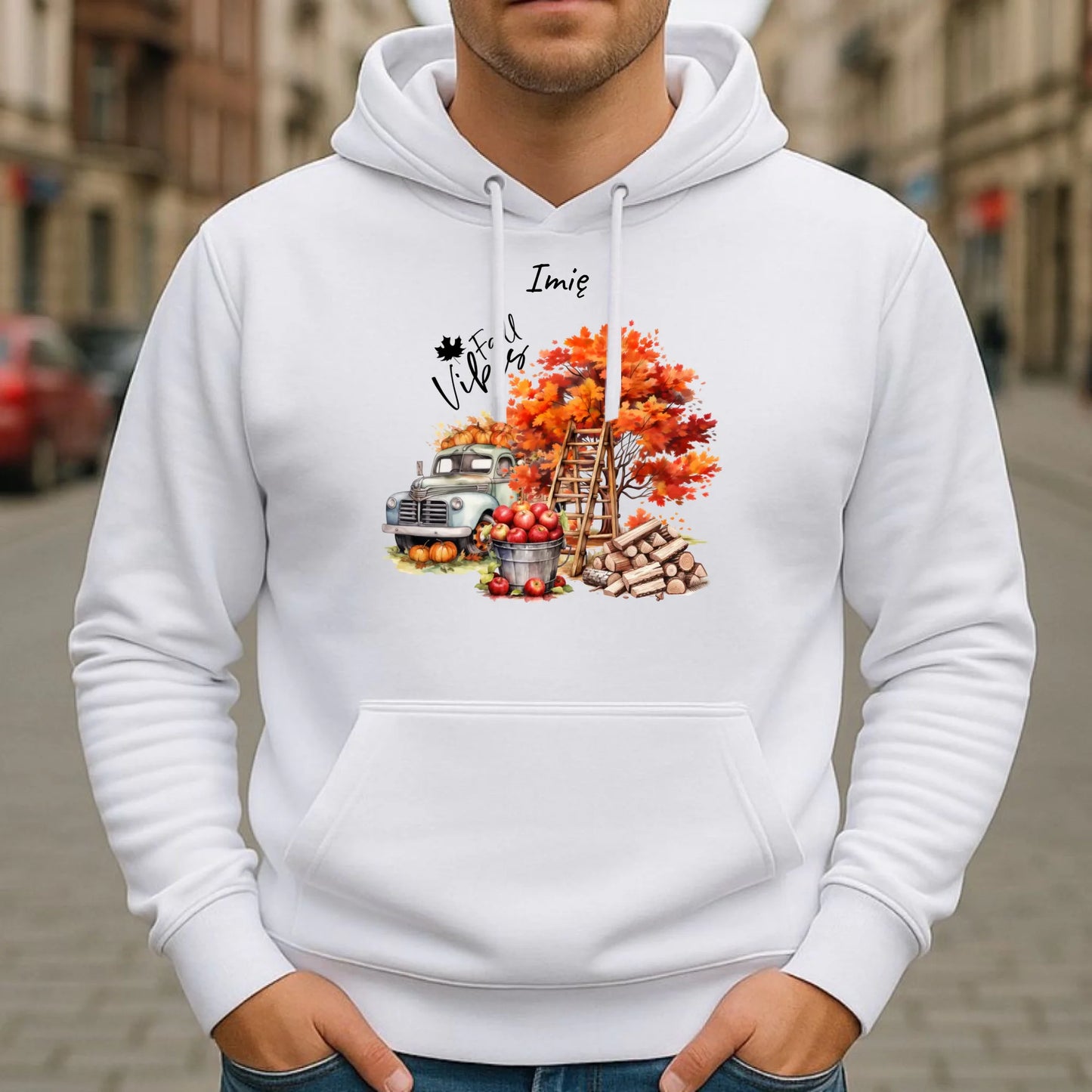 Bluza męska z kapturem jesienna – Vintage auto dynie i jabłka – personalizowana JS07 - StoryCups.pl