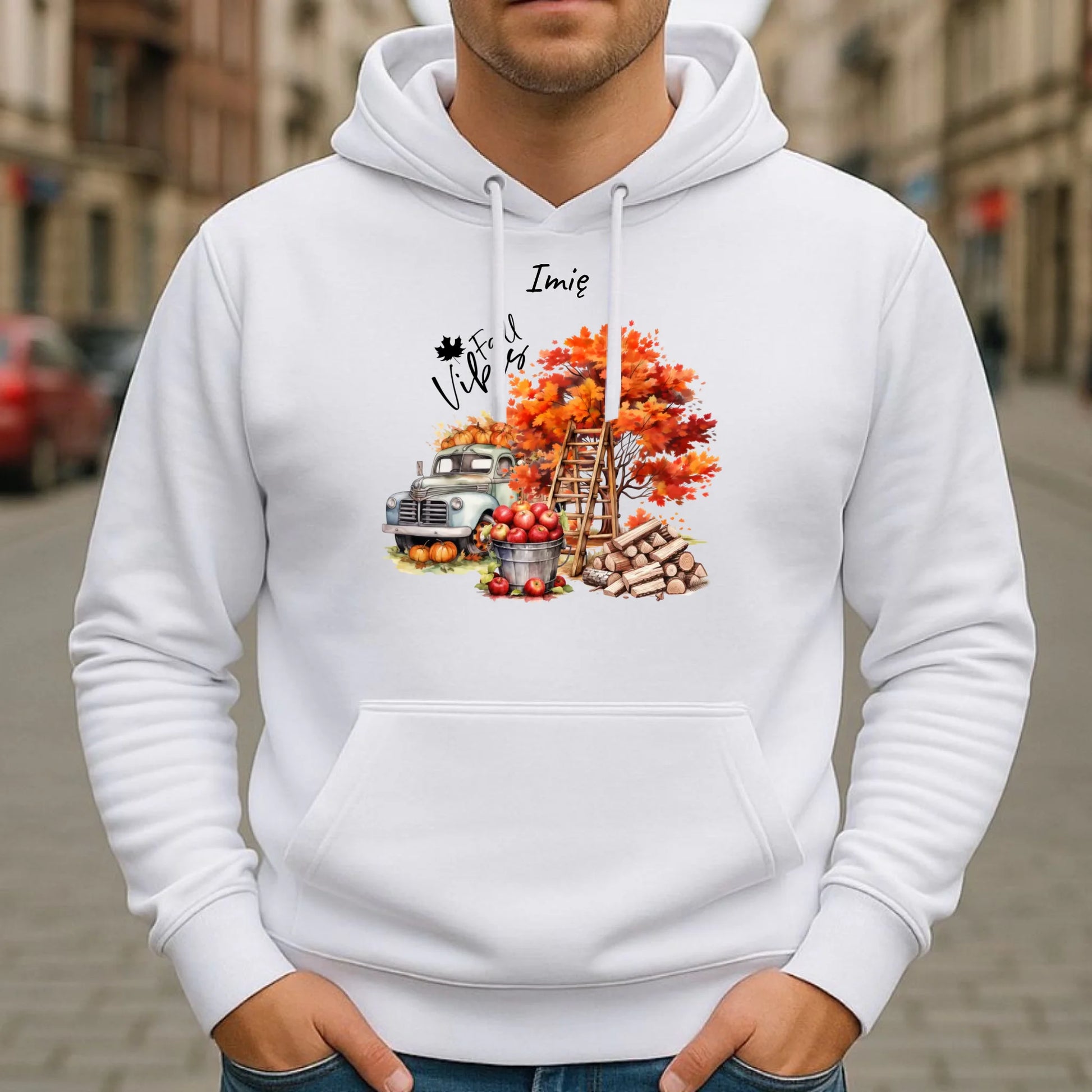 Bluza męska z kapturem jesienna – Vintage auto dynie i jabłka – personalizowana JS07 - StoryCups.pl