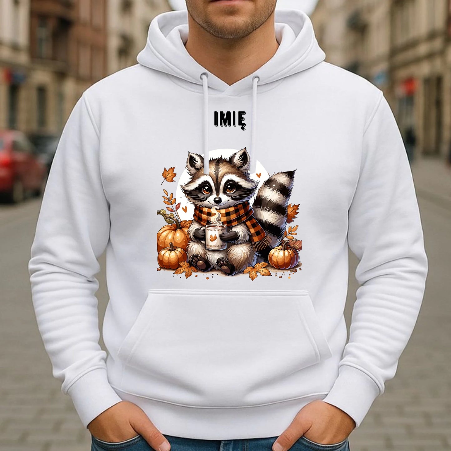 Bluza męska z kapturem jesienna – Szop z kawą i dyniami - personalizowana JS16 - StoryCups.pl