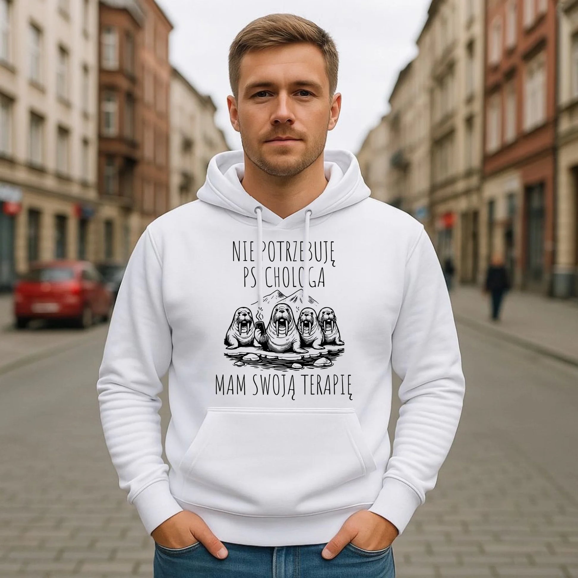 Bluza męska z kapturem - prezent dla morsa - Nie potrzebuję psychologa HM14 - StoryCups.pl