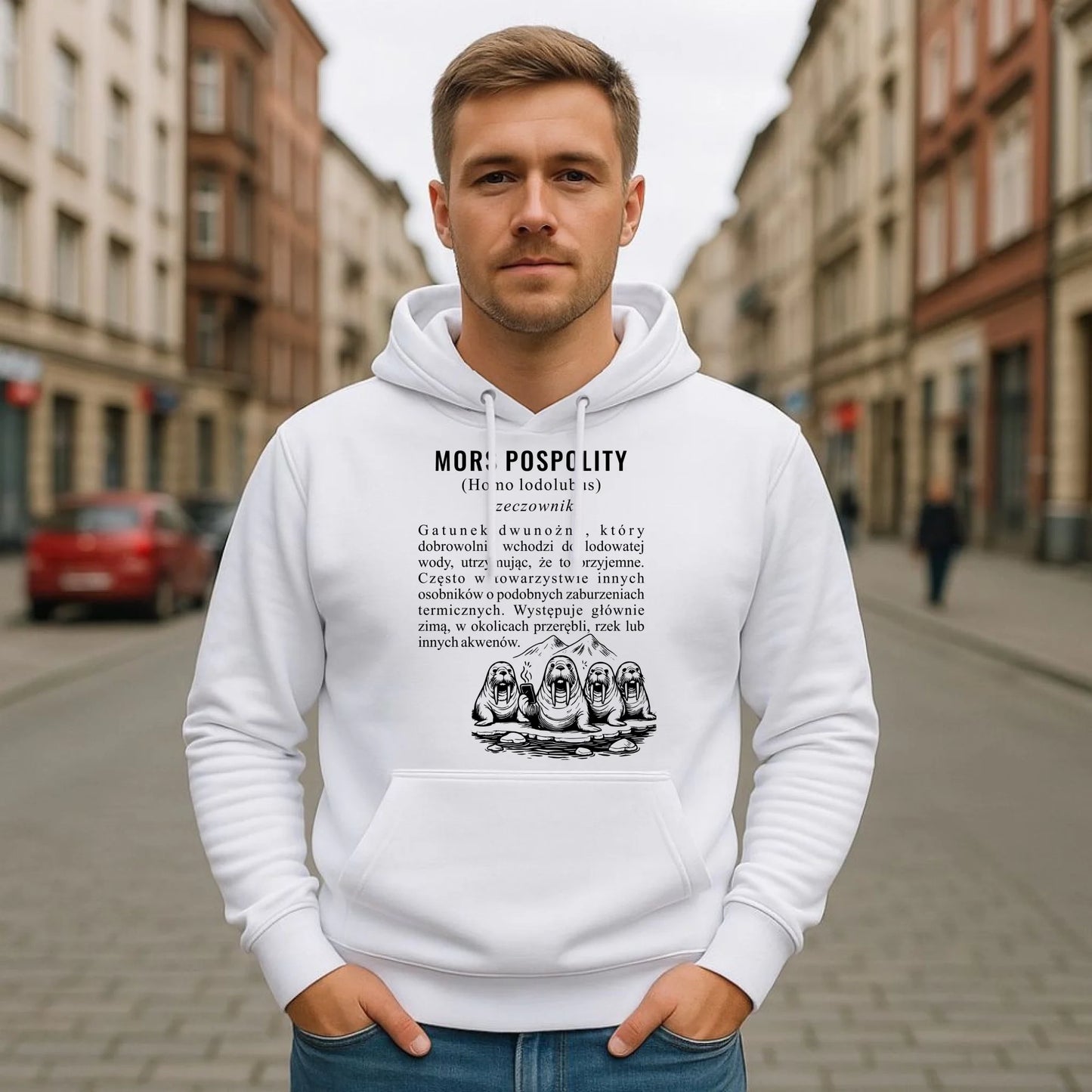 Bluza męska z kapturem - prezent dla morsa - Mors pospolity [Homo lodolubus] HM12 - StoryCups.pl