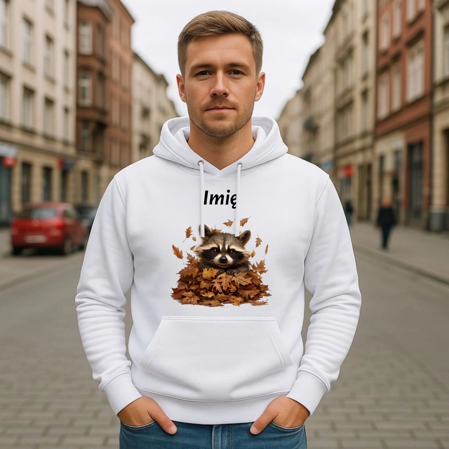 Bluza męska z kapturem jesienna - Szop w liściach - personalizowana JS24