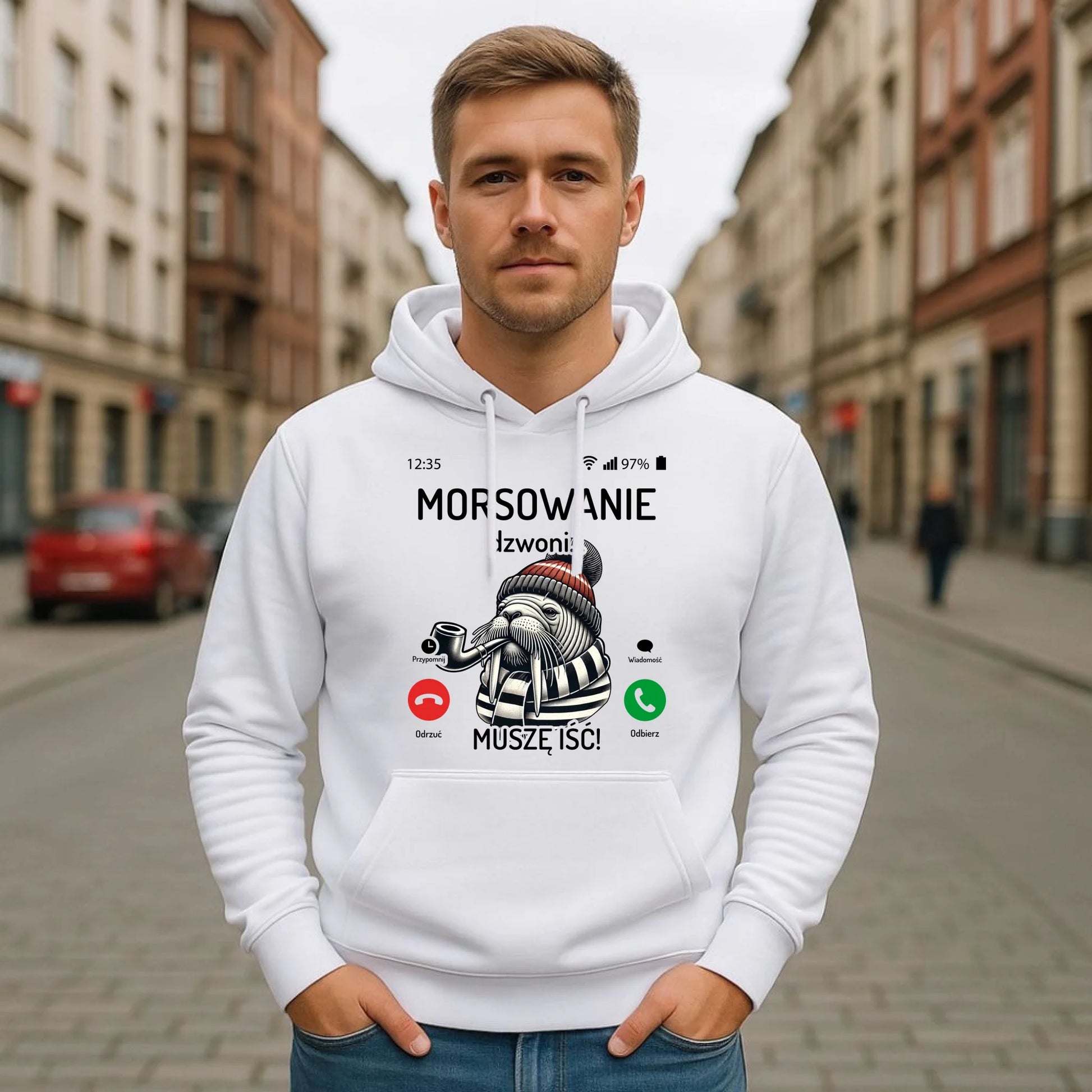 Bluza męska z kapturem - prezent dla morsa - Morsowanie dzwoni muszę iść - Mors HM19 - StoryCups.pl