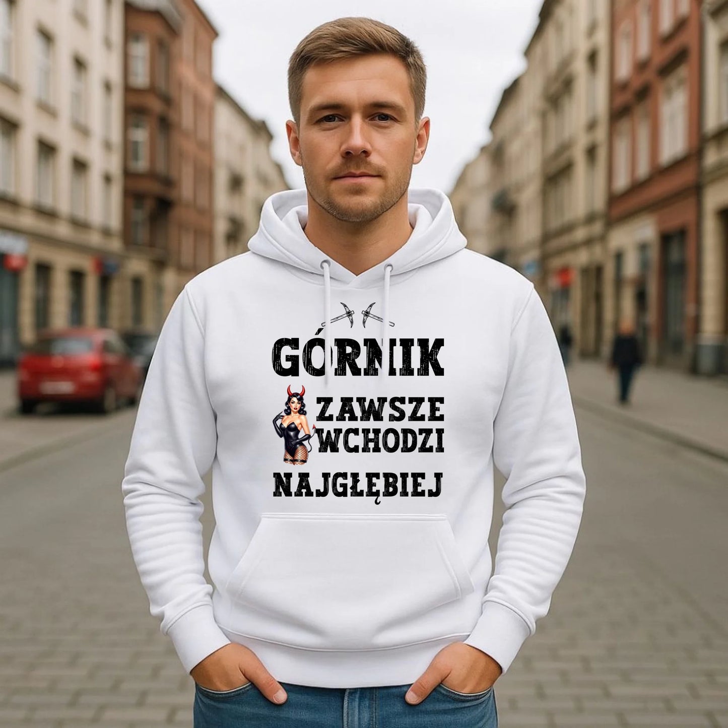 Bluza męska z kapturem - prezent dla górnika - Górnik zawsze wchodzi najgłębiej G22 - StoryCups.pl