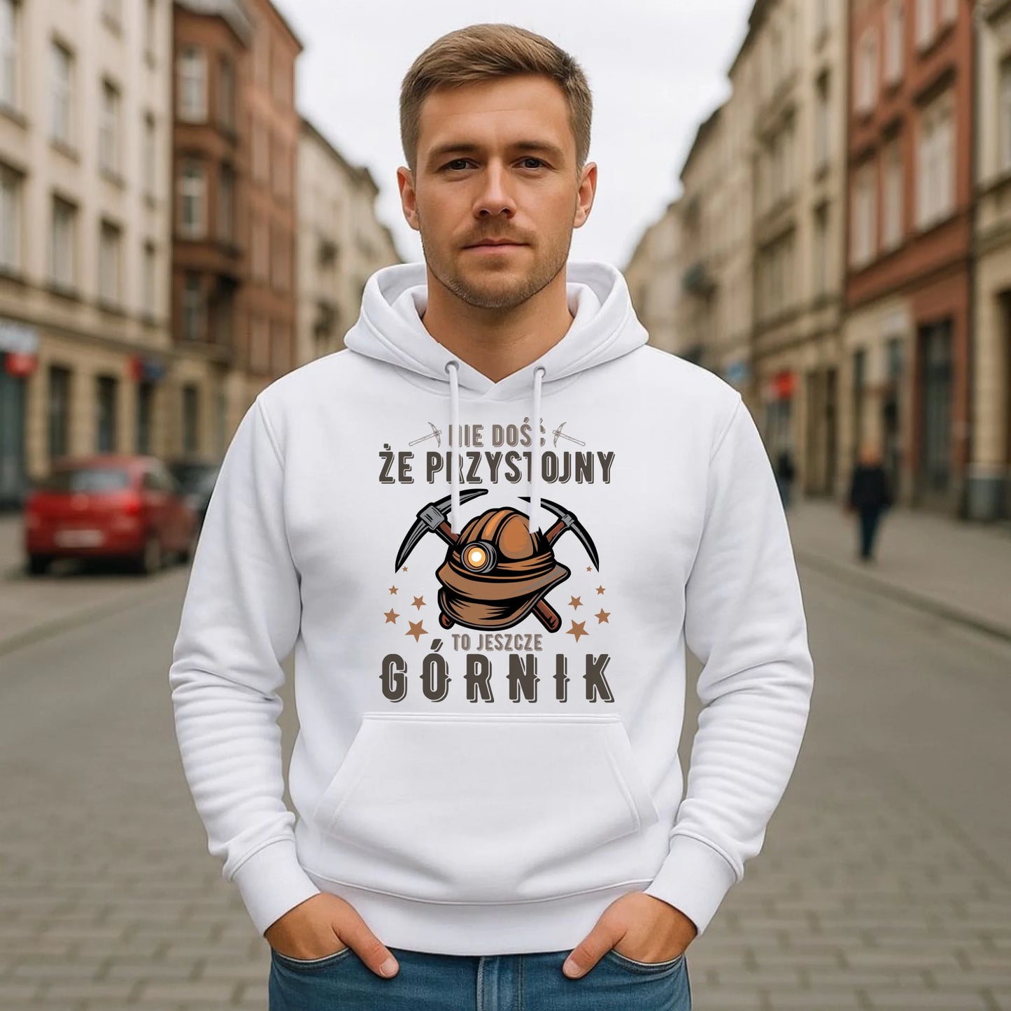Bluza męska z kapturem - prezent dla górnika - Nie dość, że przystojny to jeszcze górnik G16 - StoryCups.pl