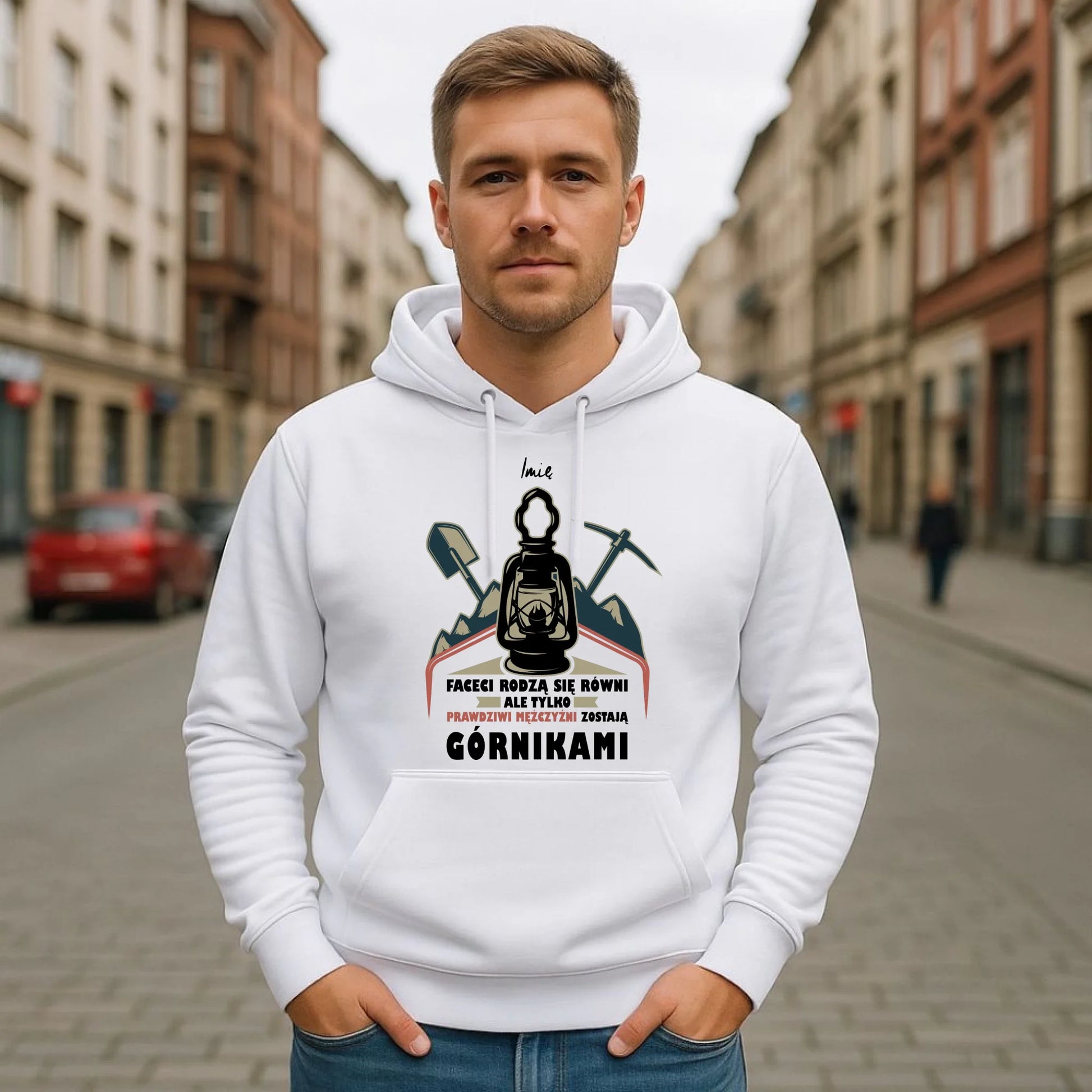 Bluza męska z kapturem - prezent dla górnika - Prawdziwi mężczyźni zostają górnikami - personalizowana G08 - StoryCups.pl