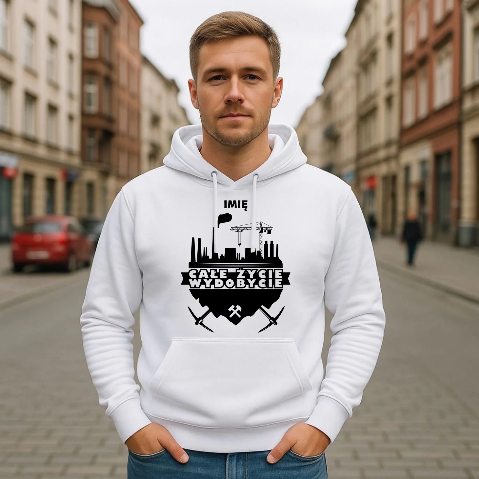 Bluza męska z kapturem - prezent dla górnika - Całe życie wydobycie - personalizowana G09 - StoryCups.pl