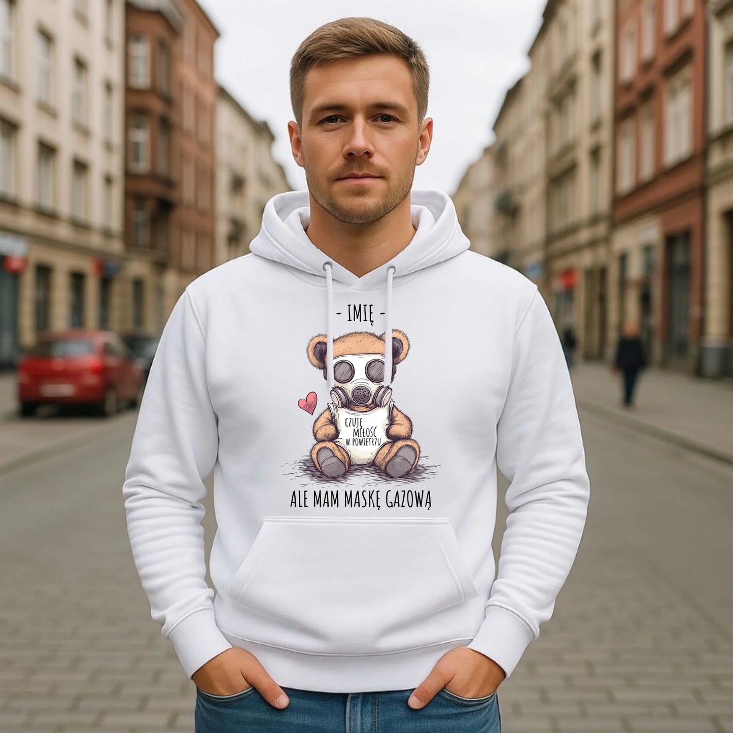Bluza męska z kapturem - Miś w masce gazowej - Czuję miłość w powietrzu - personalizowana W38 - StoryCups.pl