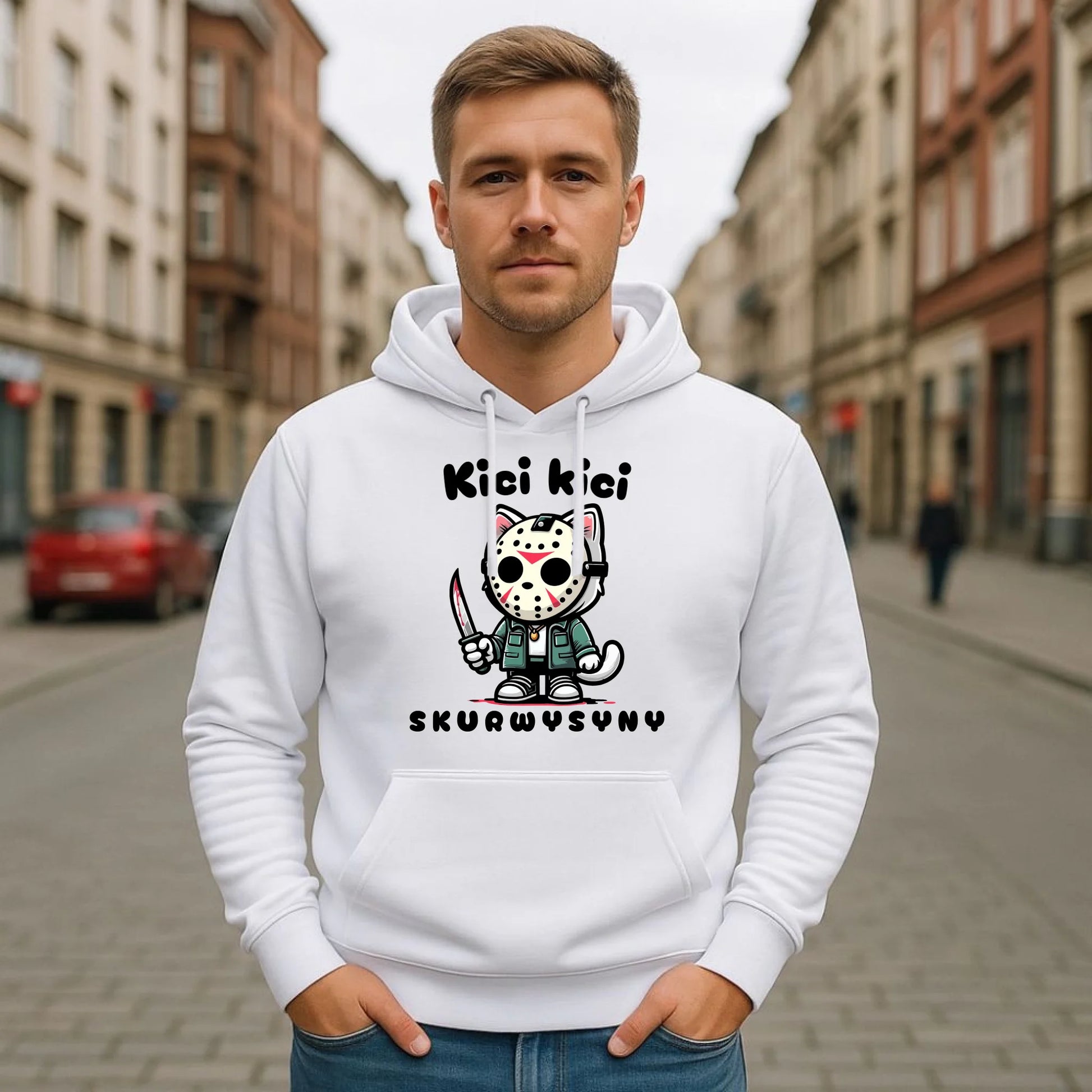 Bluza męska z kapturem na Halloween - Kici kici sk*rwysyny - bez cenzury HL28 - StoryCups.pl
