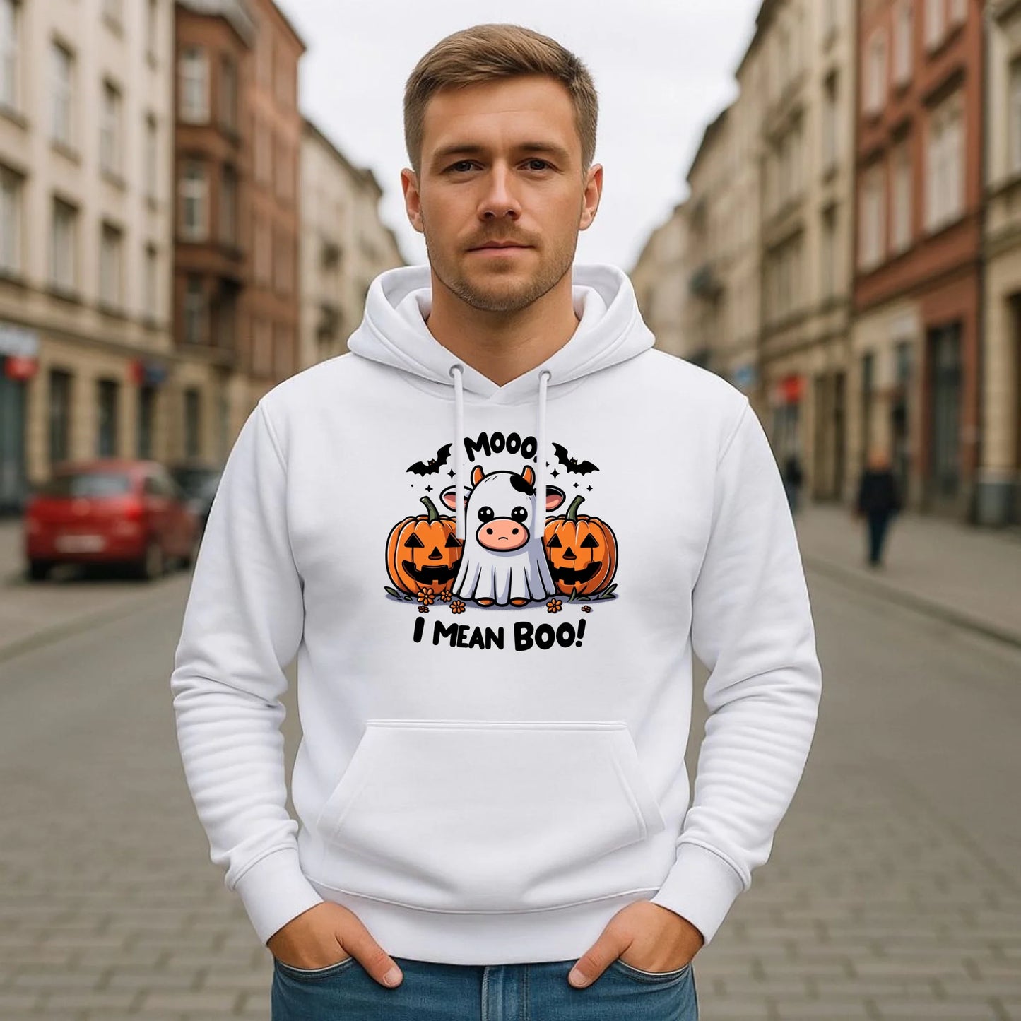 Bluza męska z kapturem na Halloween - Mooo I mean Boo! - z dynią i duchem HL14 - StoryCups.pl