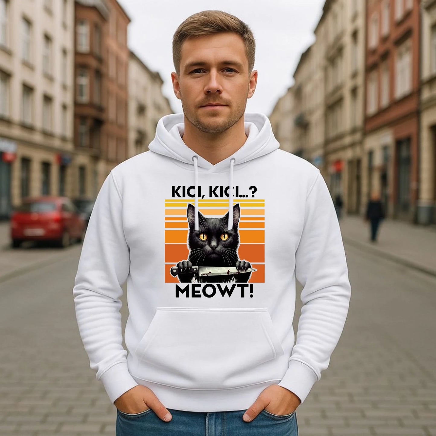 Bluza męska z kapturem - Kot z nożem - Kici, kici... MEOWT! HL17 - StoryCups.pl