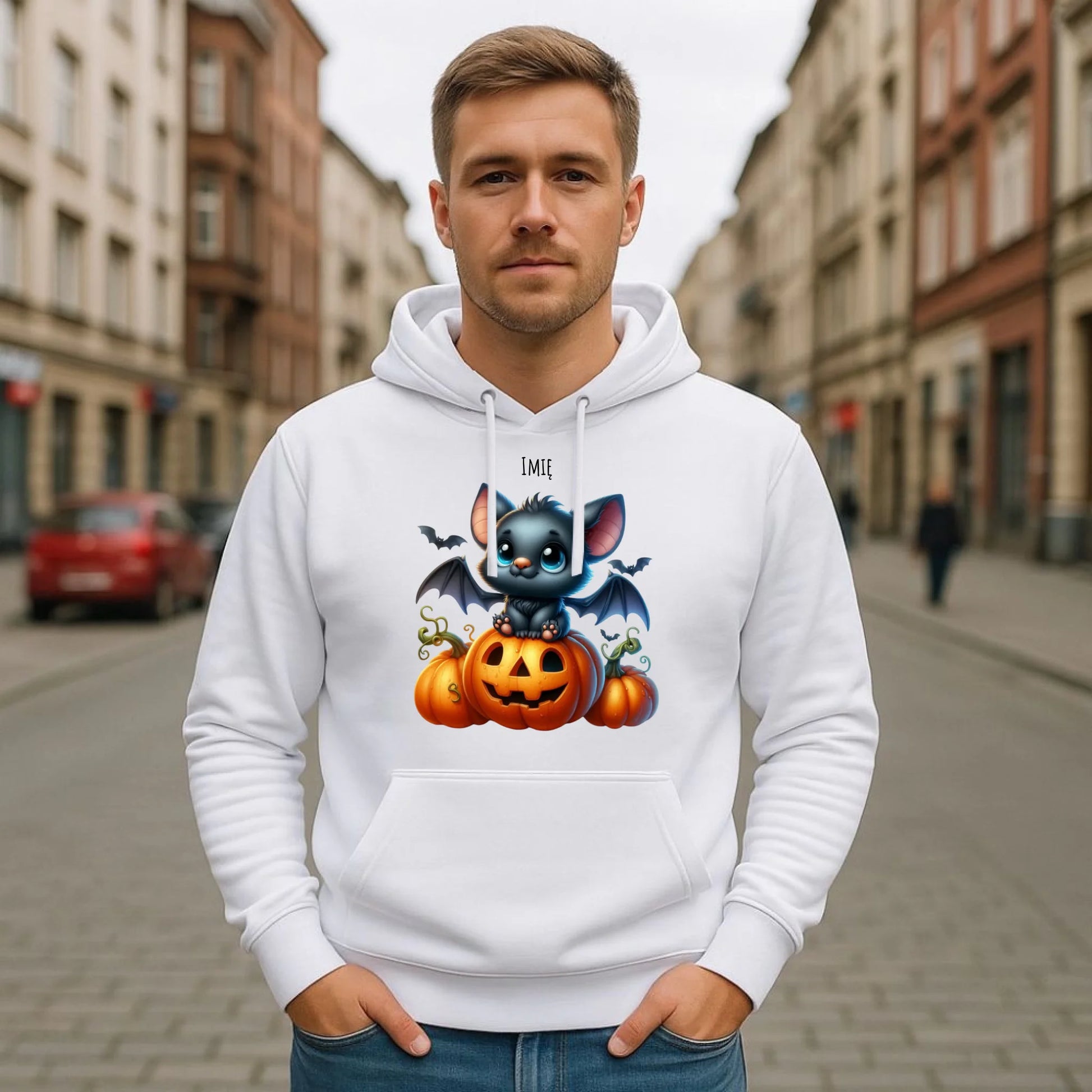 Bluza męska z kapturem halloweenowa - Słodki nietoperz z dynią - personalizowana HL09 - StoryCups.pl