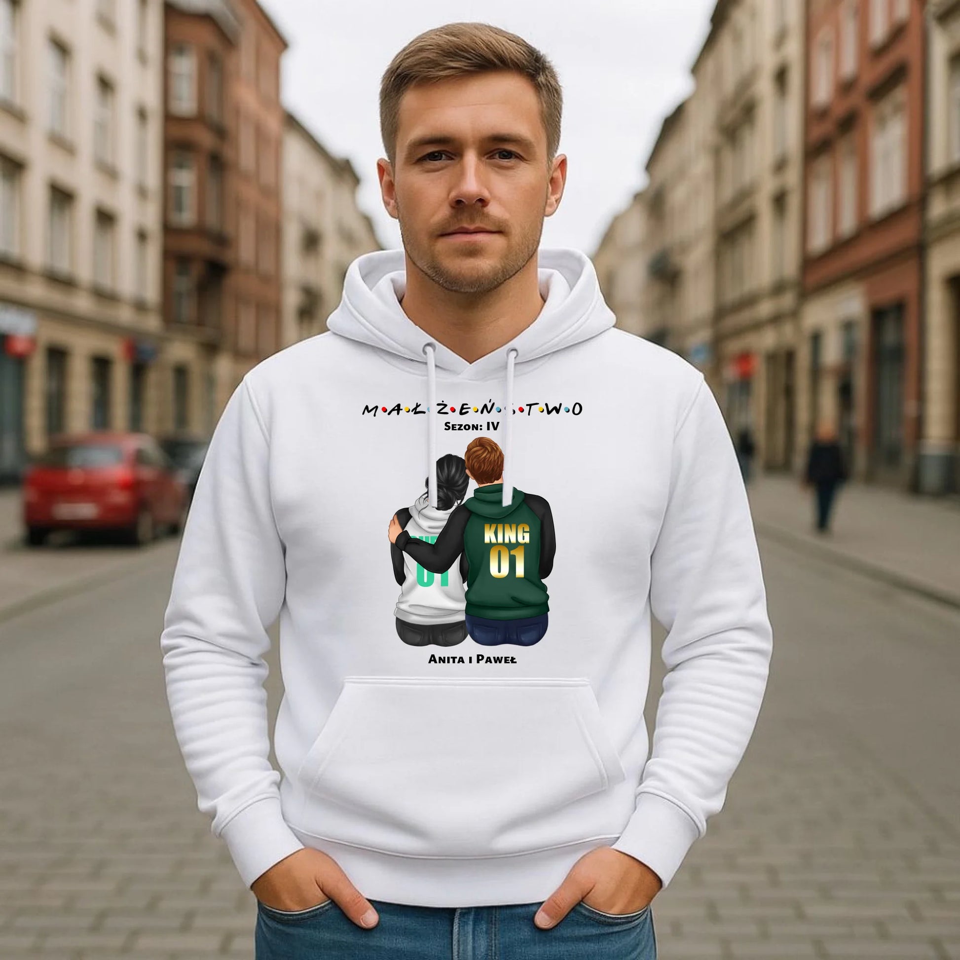 Bluza męska z kapturem dla par - personalizowany prezent dla męża na rocznicę ślubu – Małżeństwo W05 - StoryCups.pl