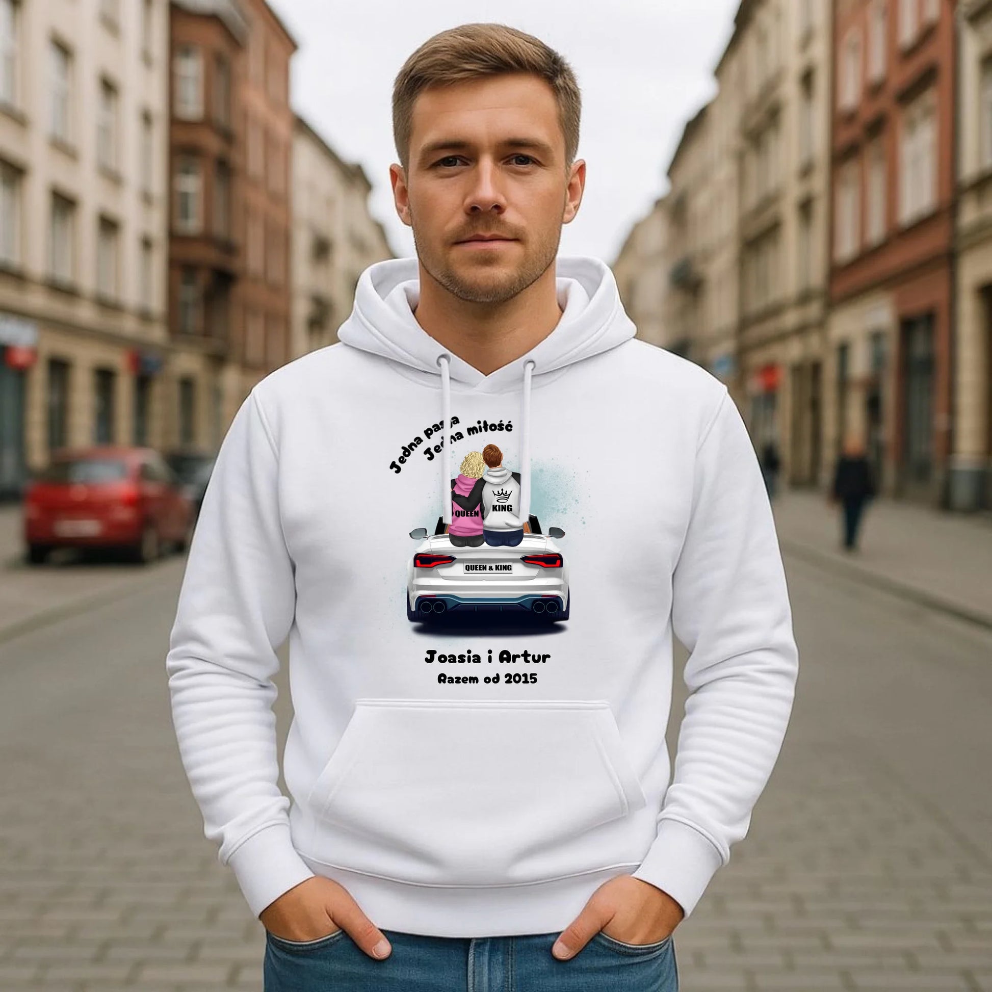 Bluza męska z kapturem dla par - personalizowany prezent dla chłopaka - Jedna miłość W06 - StoryCups.pl