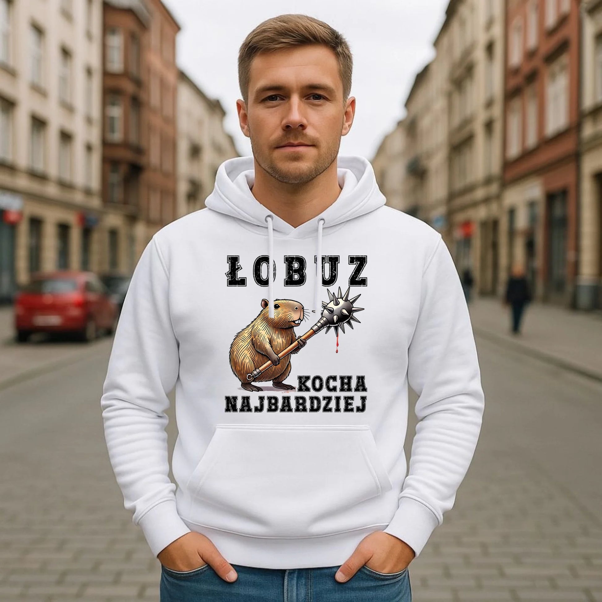Bluza męska z kapturem - prezent dla chłopaka - Łobuz kapibara z maczugą DCH17 - StoryCups.pl