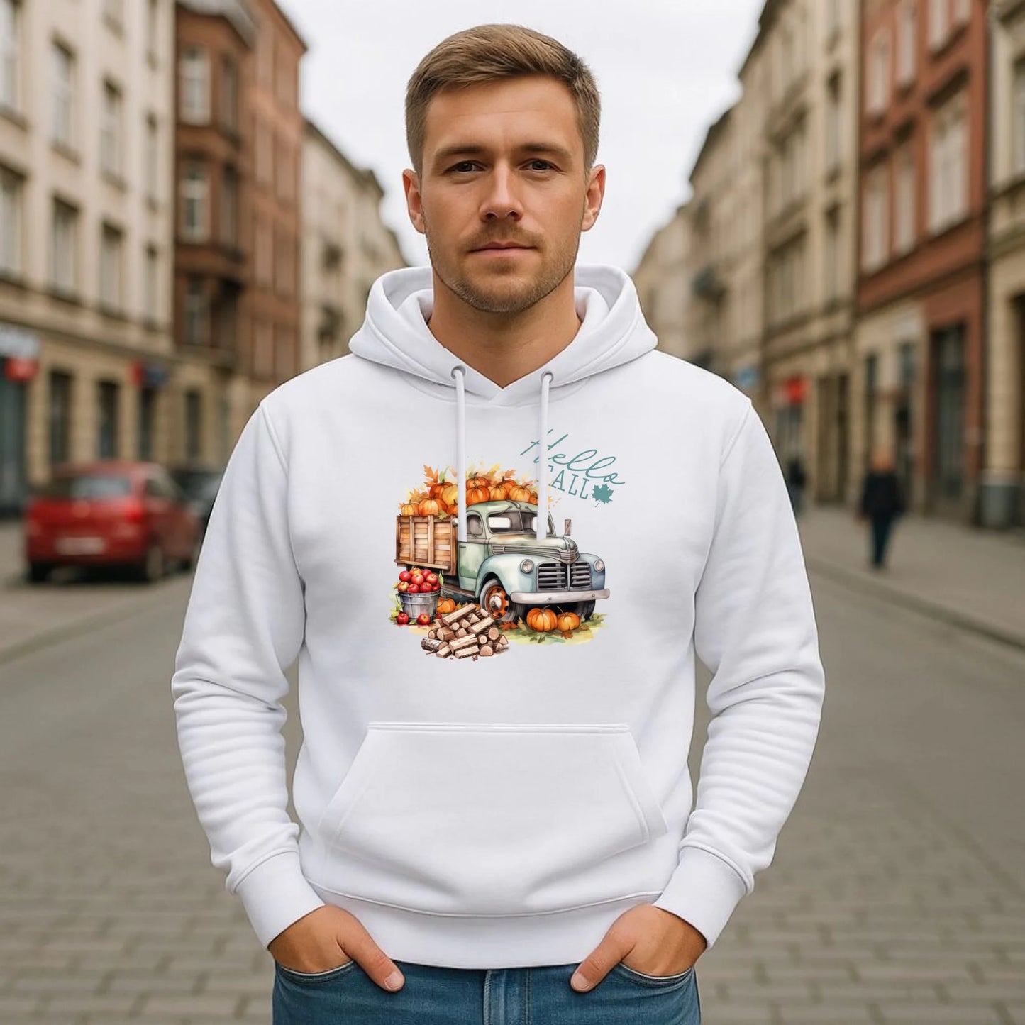 Bluza męska z kapturem jesienna – Hello Fall ciężarówka z dyniami JS08 - StoryCups.pl