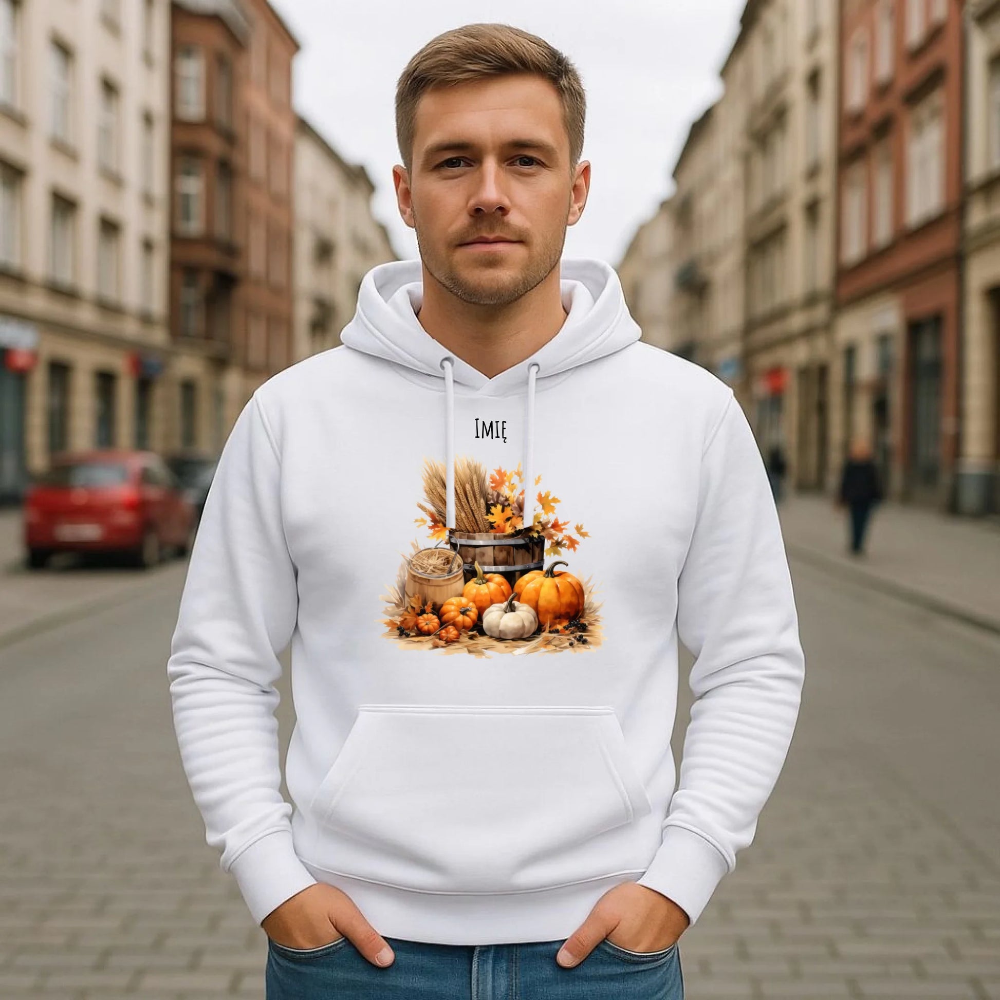Bluza męska z kapturem na jesień - Harvest vibes - personalizowana JS09 - StoryCups.pl
