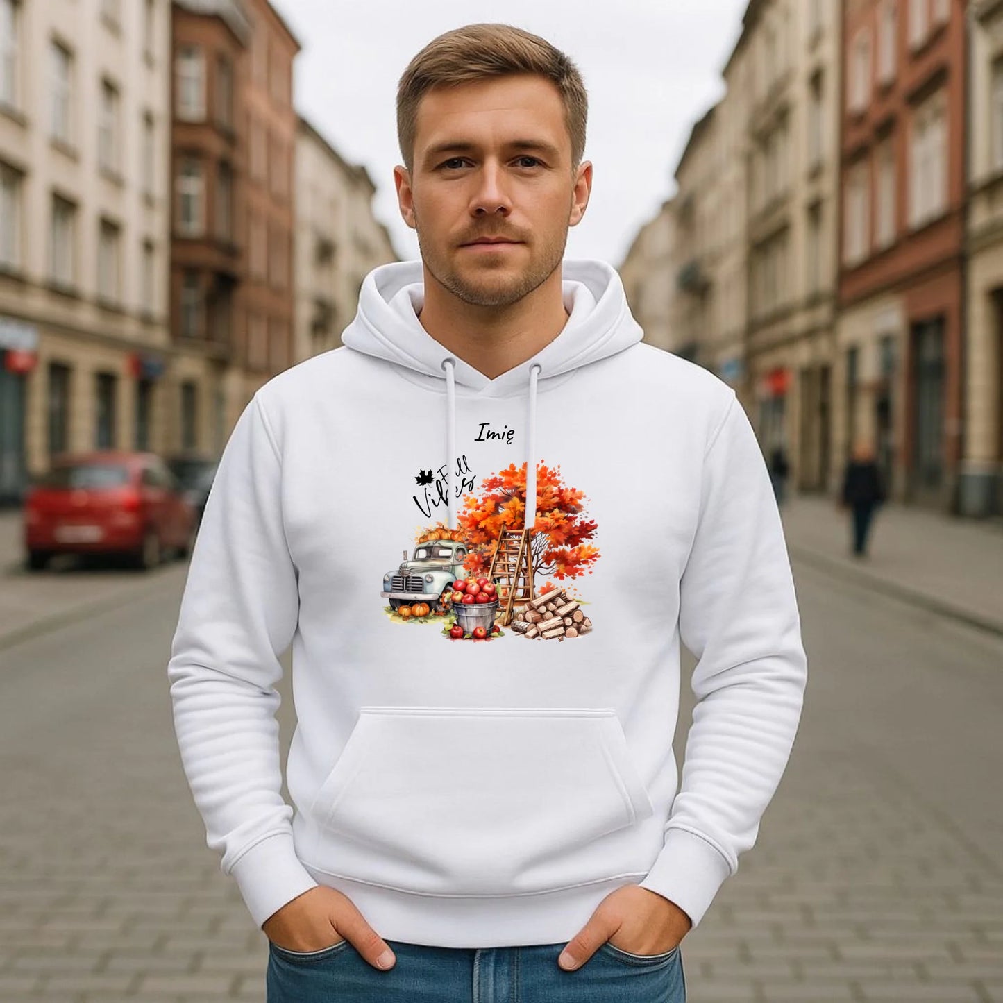 Bluza męska z kapturem jesienna – Vintage auto dynie i jabłka – personalizowana JS07 - StoryCups.pl