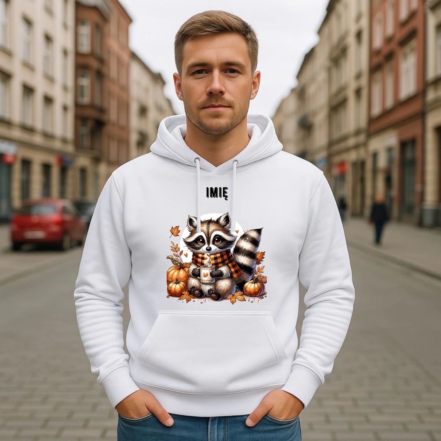Bluza męska z kapturem jesienna – Szop z kawą i dyniami - personalizowana JS16 - StoryCups.pl