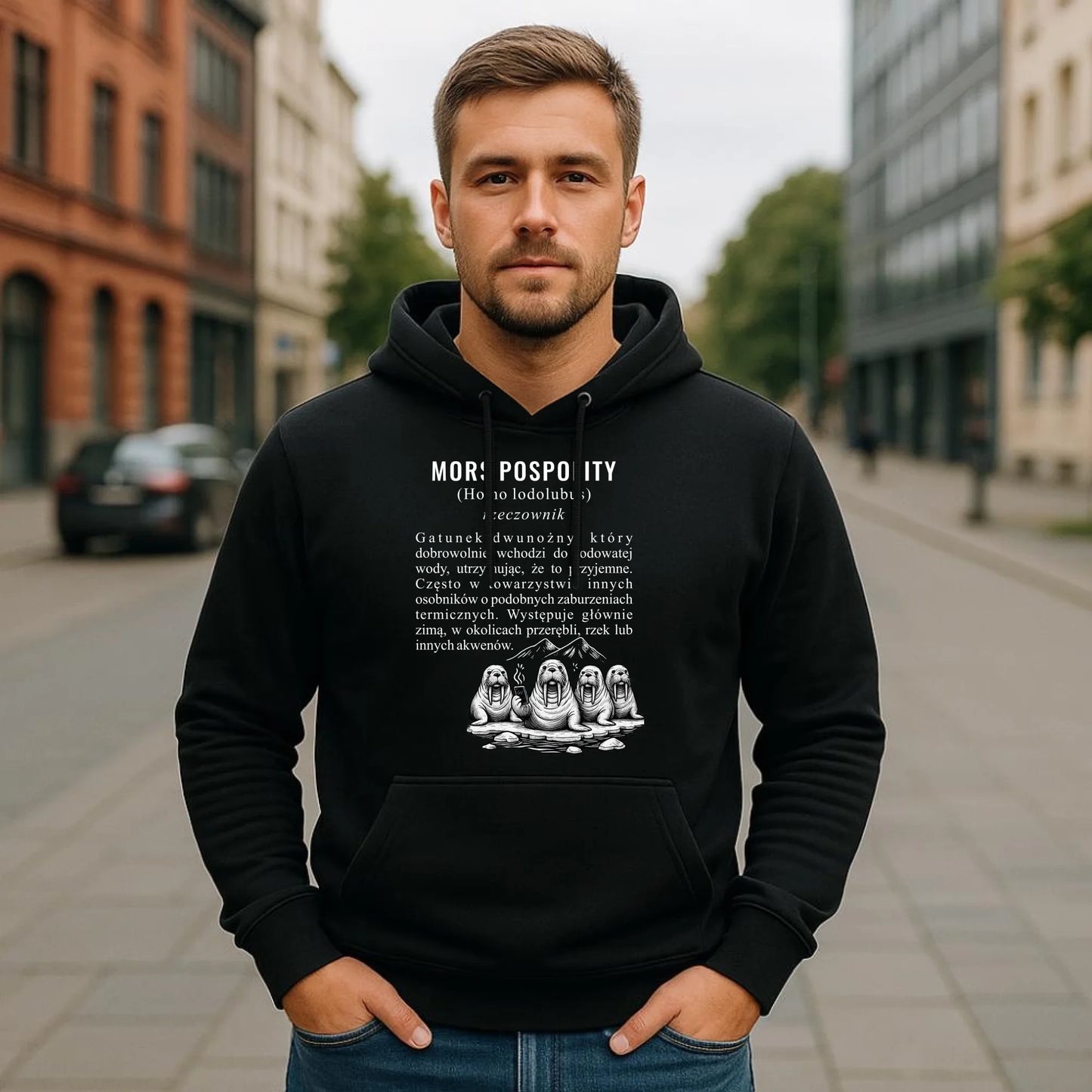 Bluza męska z kapturem - prezent dla morsa - Mors pospolity [Homo lodolubus] HM12 - StoryCups.pl