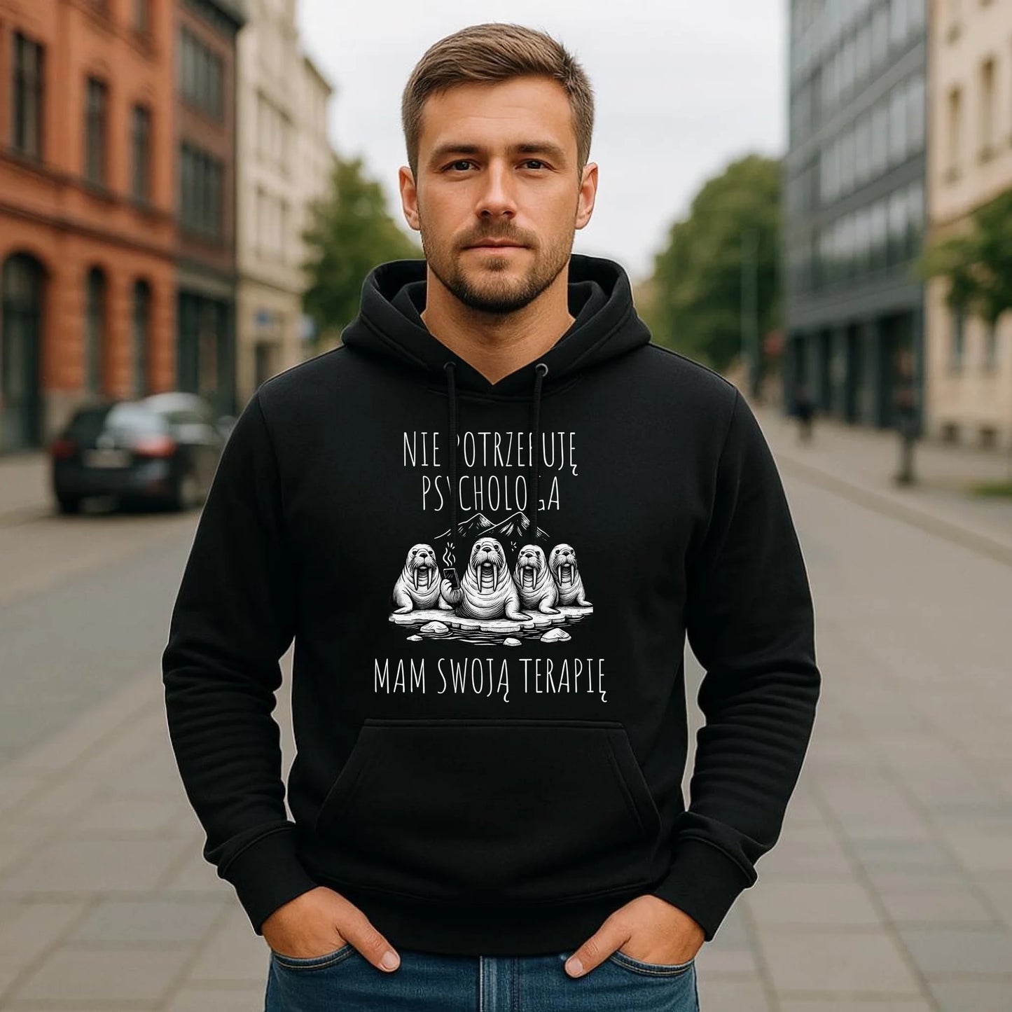 Bluza męska z kapturem - prezent dla morsa - Nie potrzebuję psychologa HM14 - StoryCups.pl