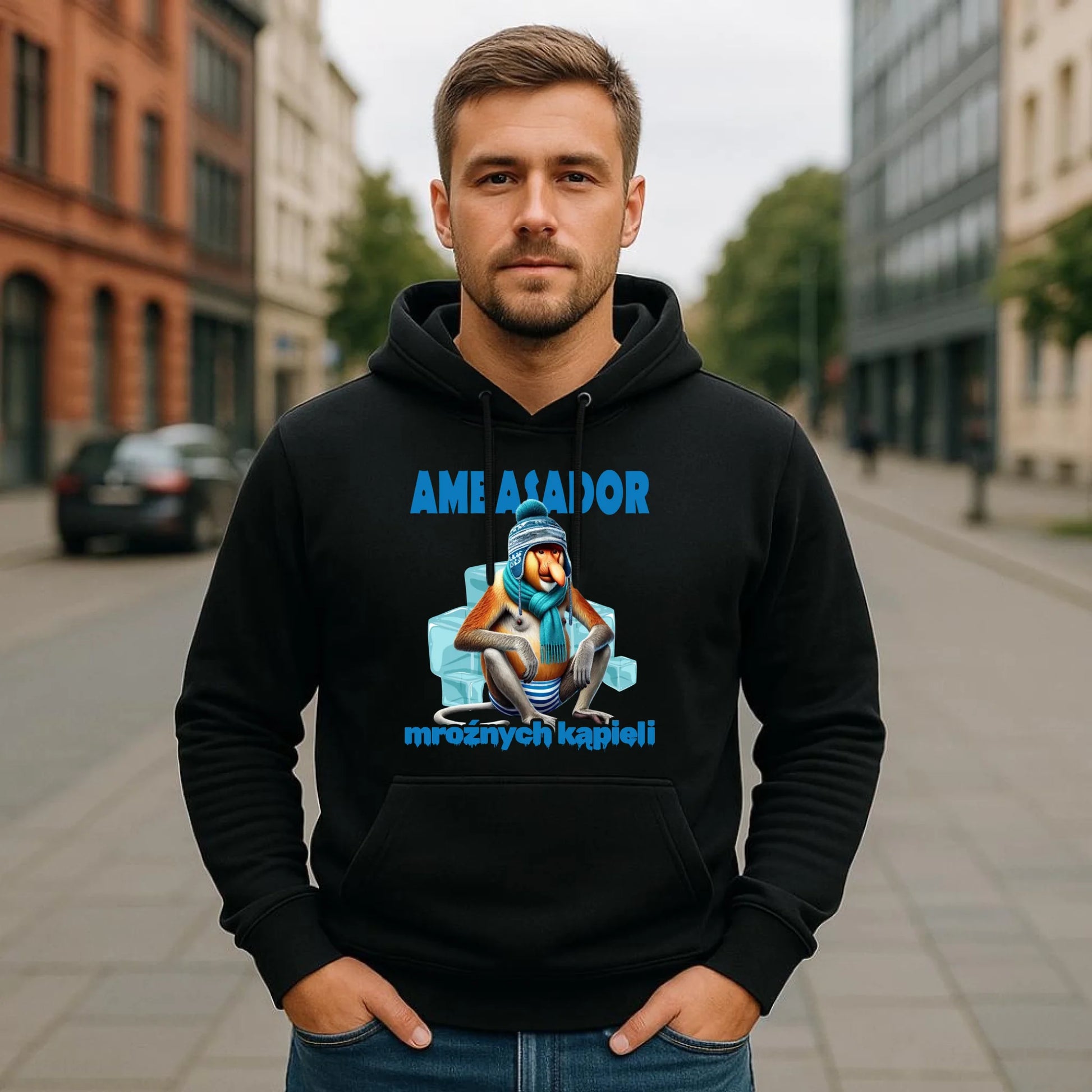 Bluza męska z kapturem - prezent dla morsa - Janusz Nosacz Mors - Ambasador mroźnych kąpieli HM03 - StoryCups.pl