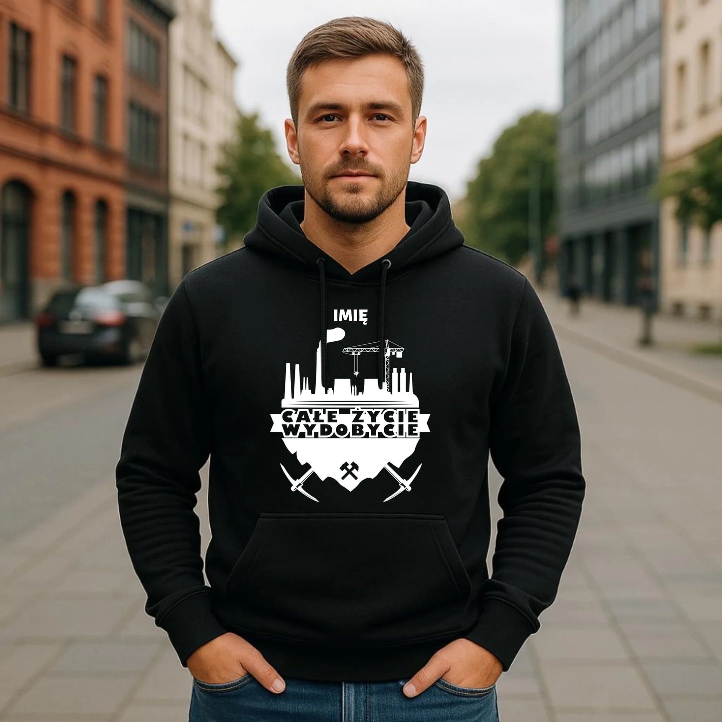 Bluza męska z kapturem - prezent dla górnika - Całe życie wydobycie - personalizowana G09 - StoryCups.pl