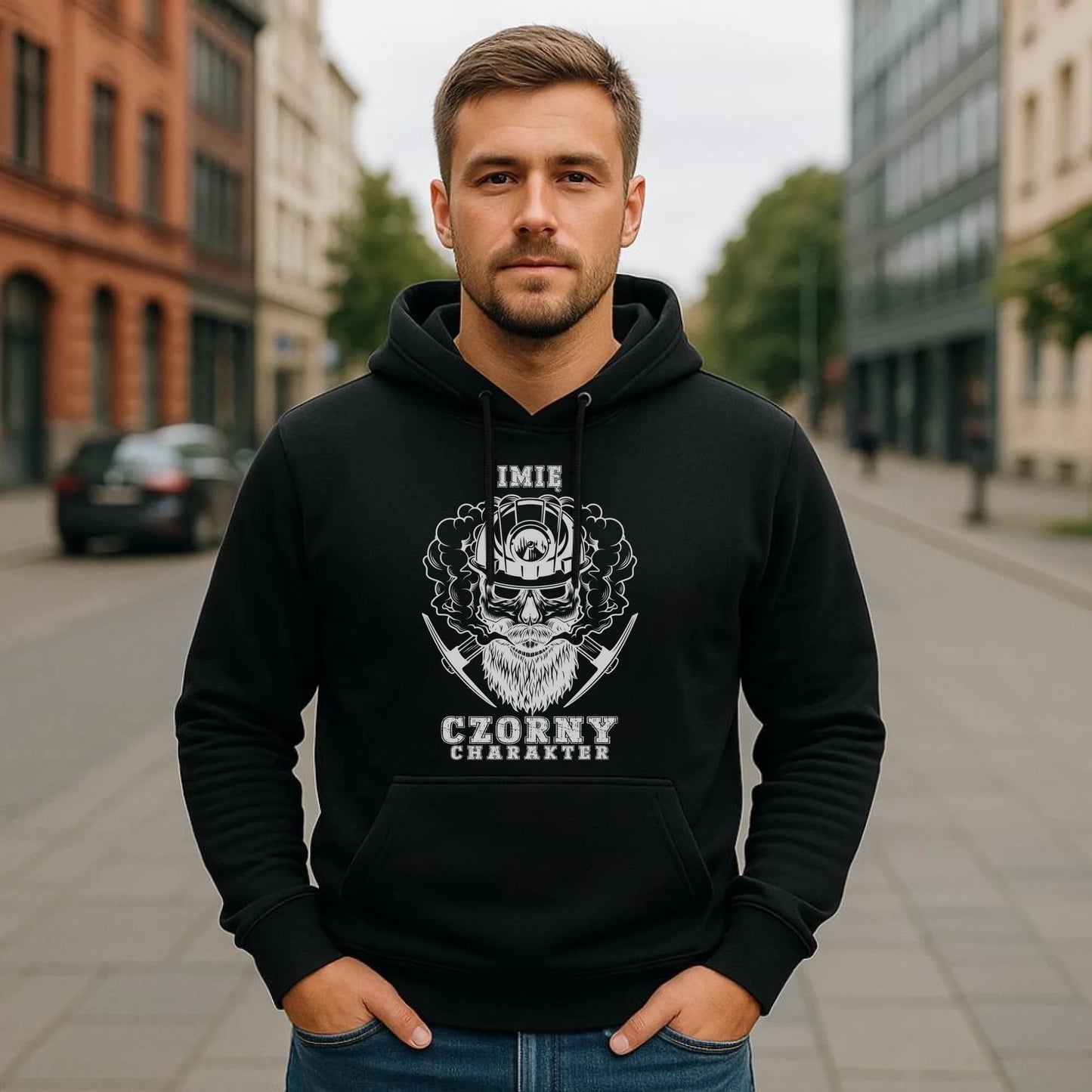 Bluza męska z kapturem - prezent dla górnika - Czorny charakter - personalizowana G06 - StoryCups.pl
