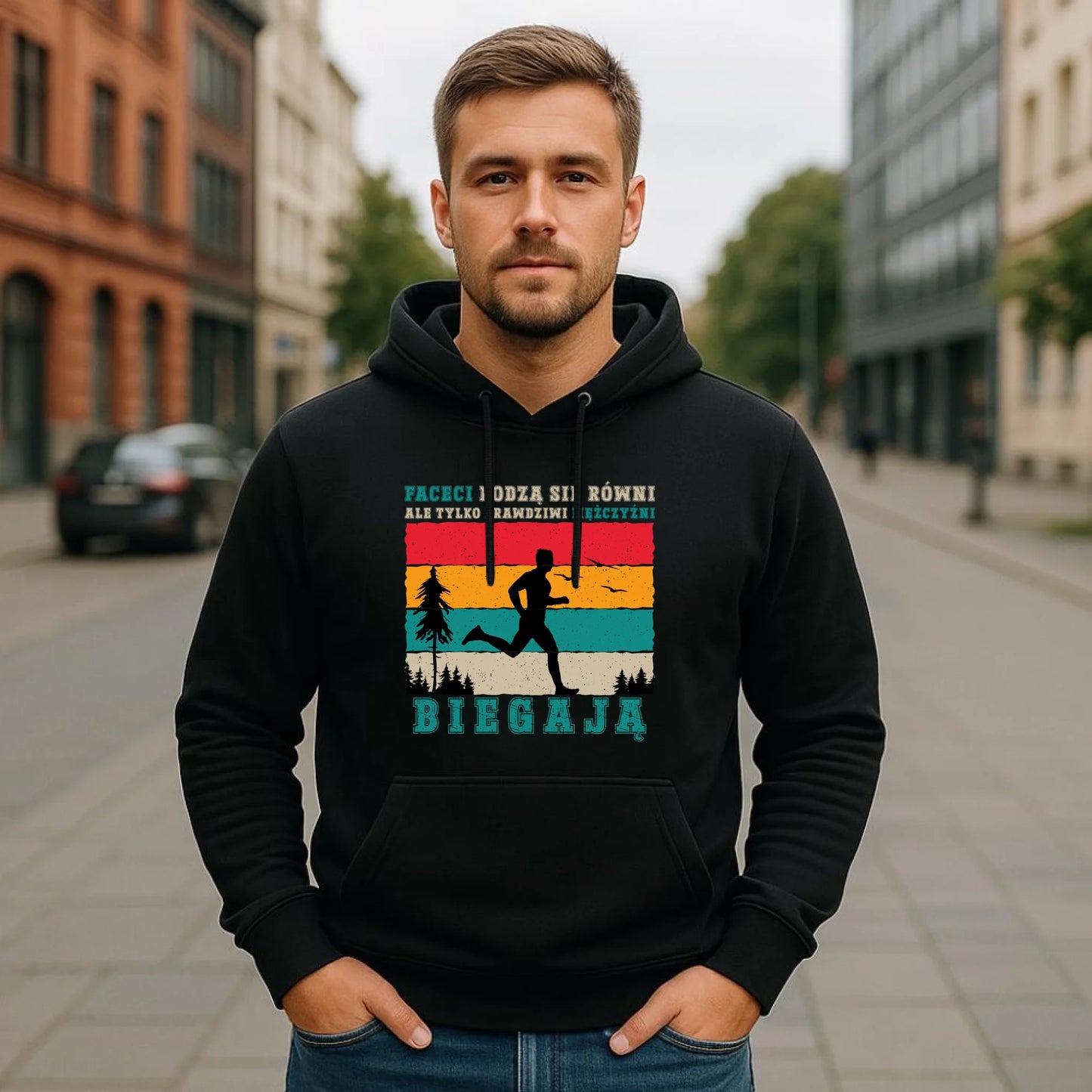 Bluza męska z kapturem dla biegacza - Prawdziwi mężczyźni biegają HB02 - StoryCups.pl