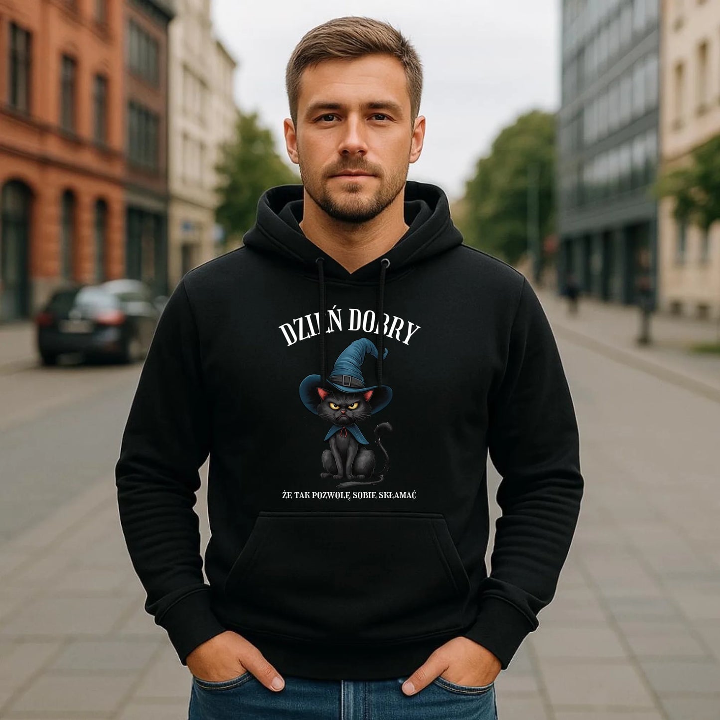 Bluza męska z kapturem halloweenowa - Dzień dobry, że tak pozwolę sobie skłamać HL27 - StoryCups.pl