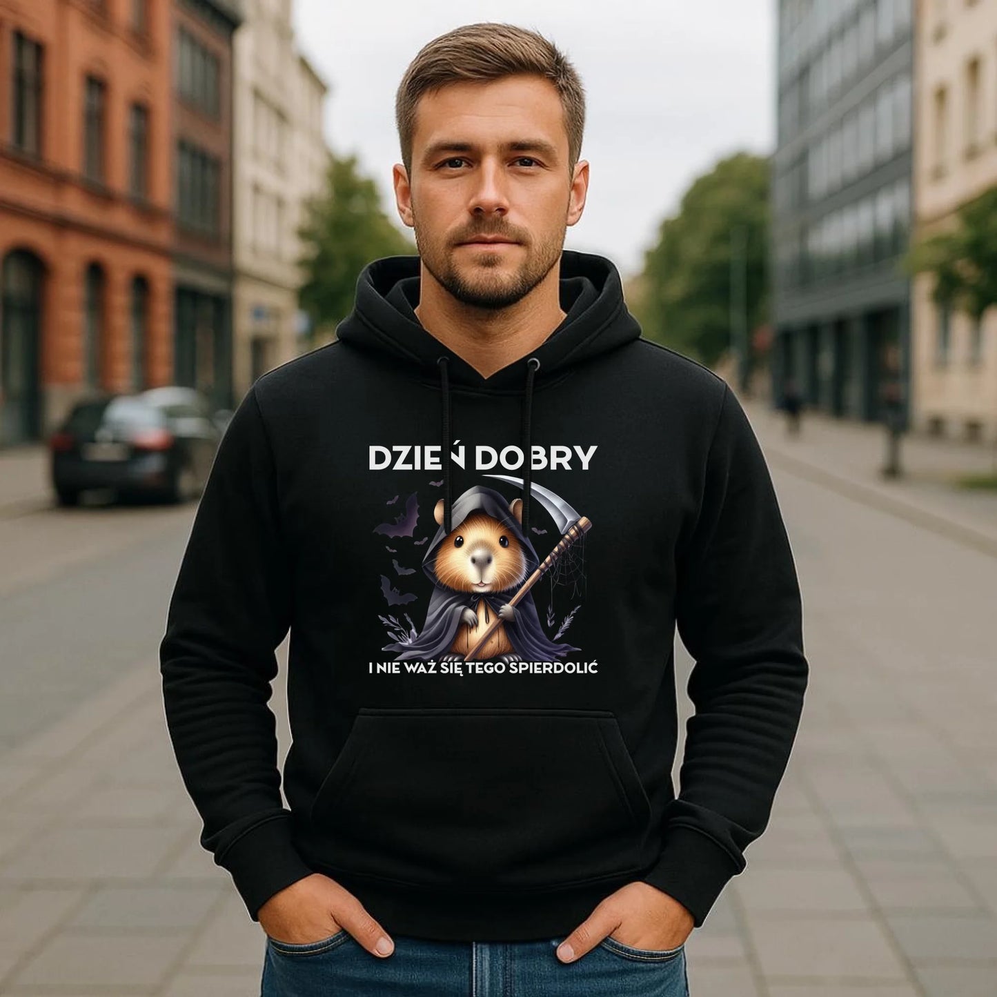 Bluza męska z kapturem na halloween - Kapibara Żniwiarz - Dzień dobry - bez cenzury HL20 - StoryCups.pl