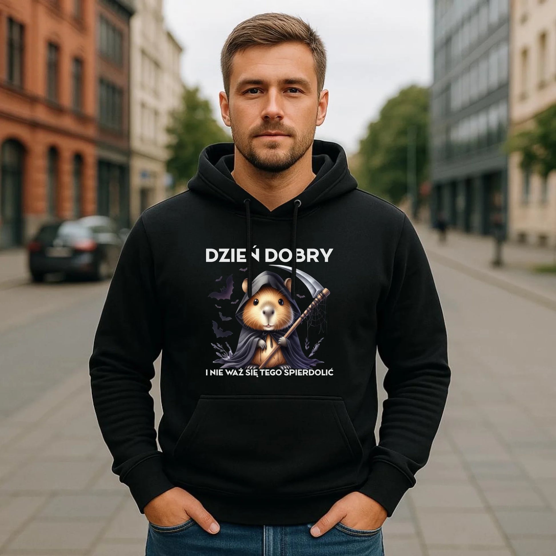 Bluza męska z kapturem na halloween - Kapibara Żniwiarz - Dzień dobry - bez cenzury HL20 - StoryCups.pl