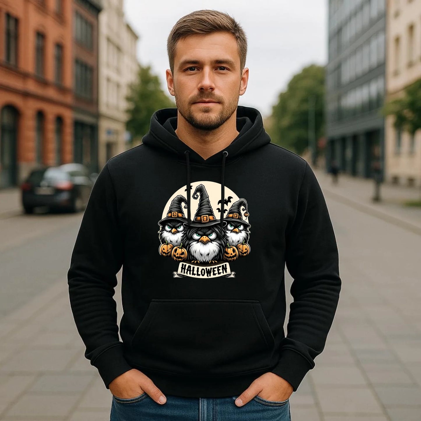 Bluza męska z kapturem na Halloween - Upiorne sowy wiedźmy HL15 - StoryCups.pl