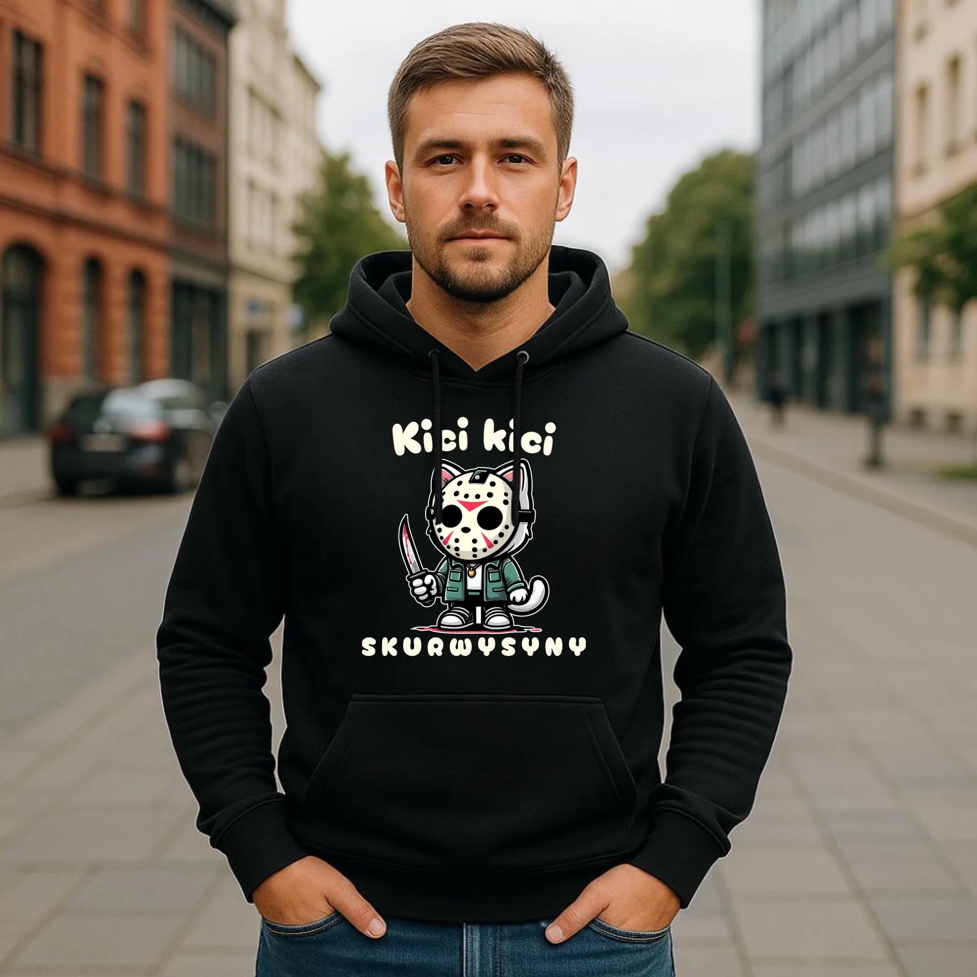 Bluza męska z kapturem na Halloween - Kici kici sk*rwysyny - bez cenzury HL28 - StoryCups.pl