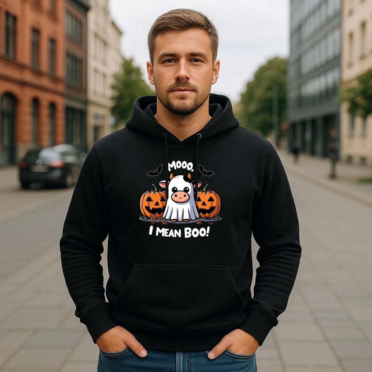 Bluza męska z kapturem na Halloween - Mooo I mean Boo! - z dynią i duchem HL14 - StoryCups.pl